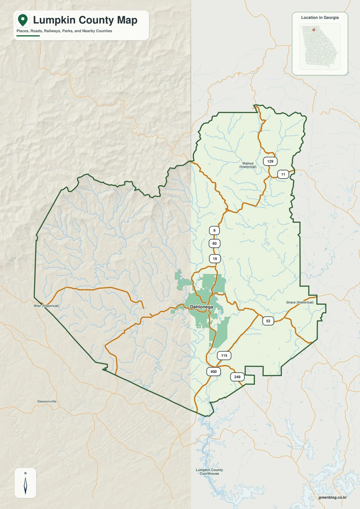 럼킨 카운티 Lumpkin County 조지아 지도에 표시된 카운티 경계와 주요 지명