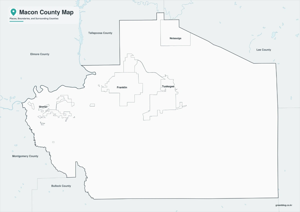 Black-and-white Macon County map with labels and county boundaries