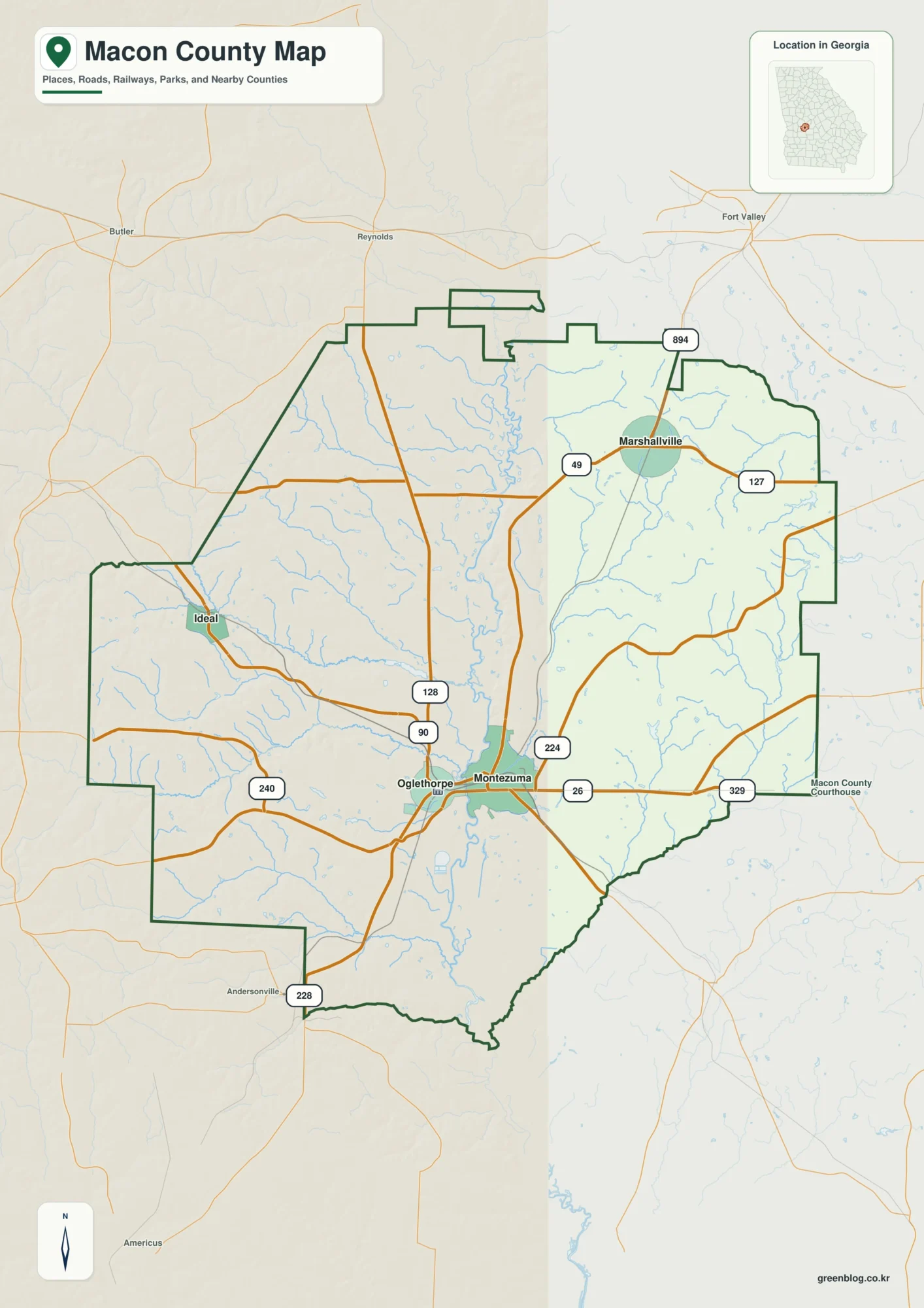Macon County Georgia map showing the county boundary and selected places