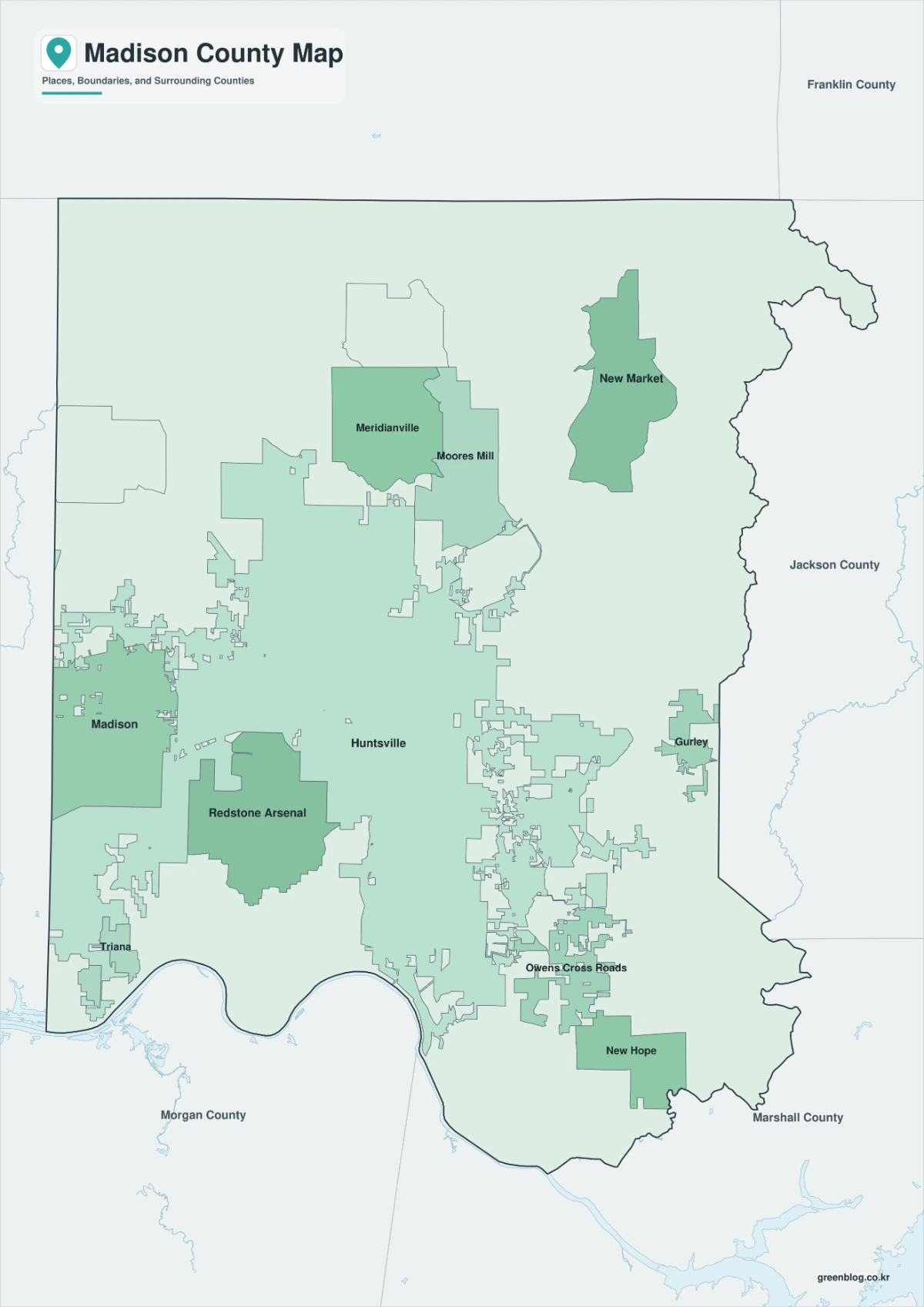 Madison County map featuring color, black-and-white, and outline versions