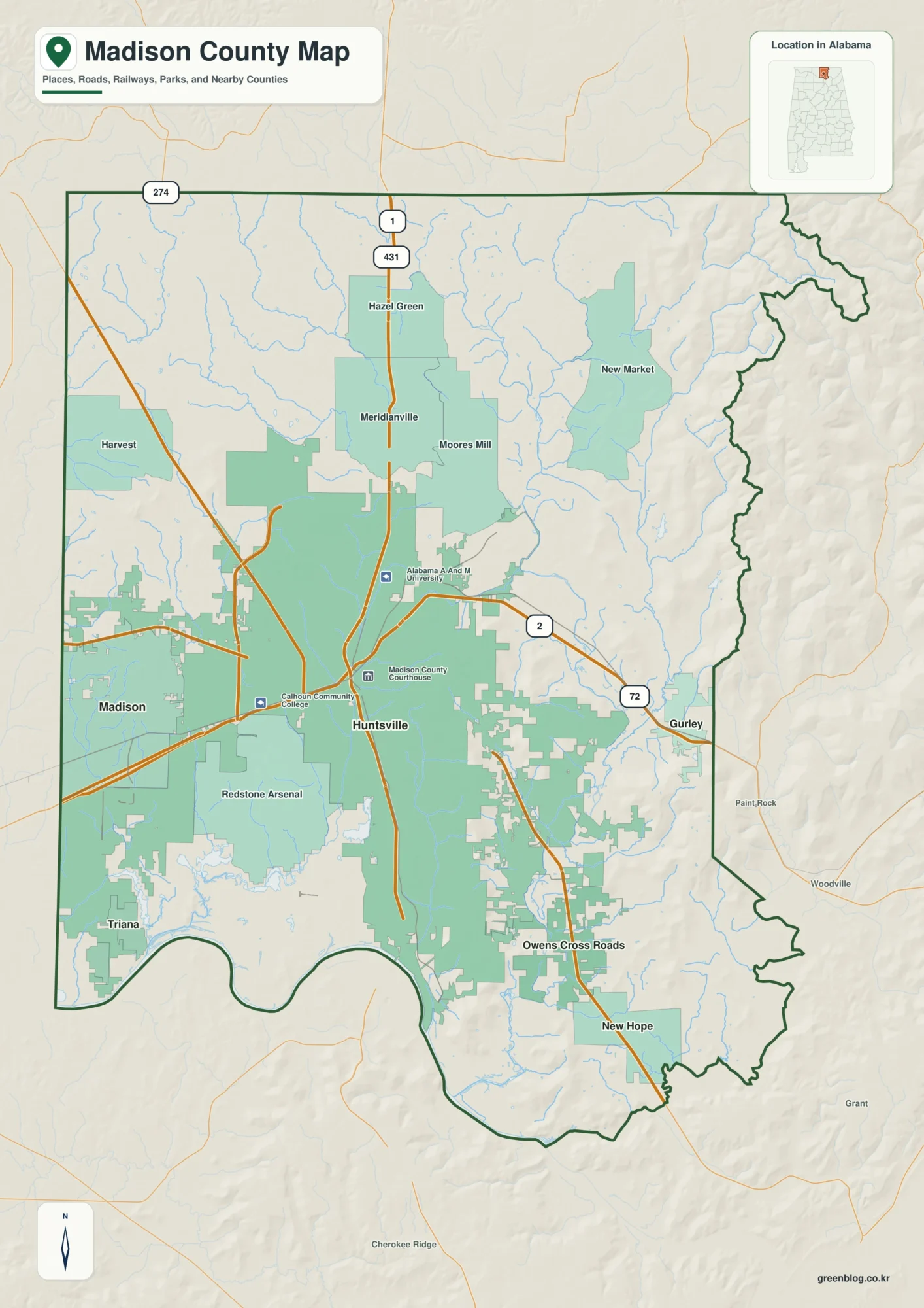 Madison County Alabama map download showing the county boundary and selected places