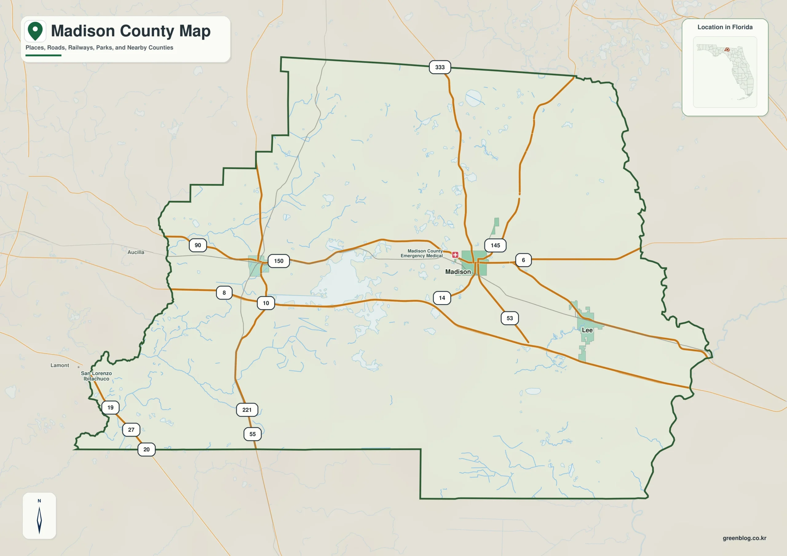 Madison County Florida map showing Madison, Greenville, Lee