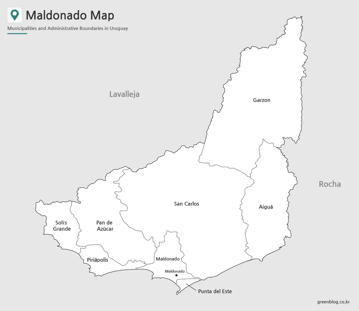 Black and white map of Maldonado with eight labeled municipalities.