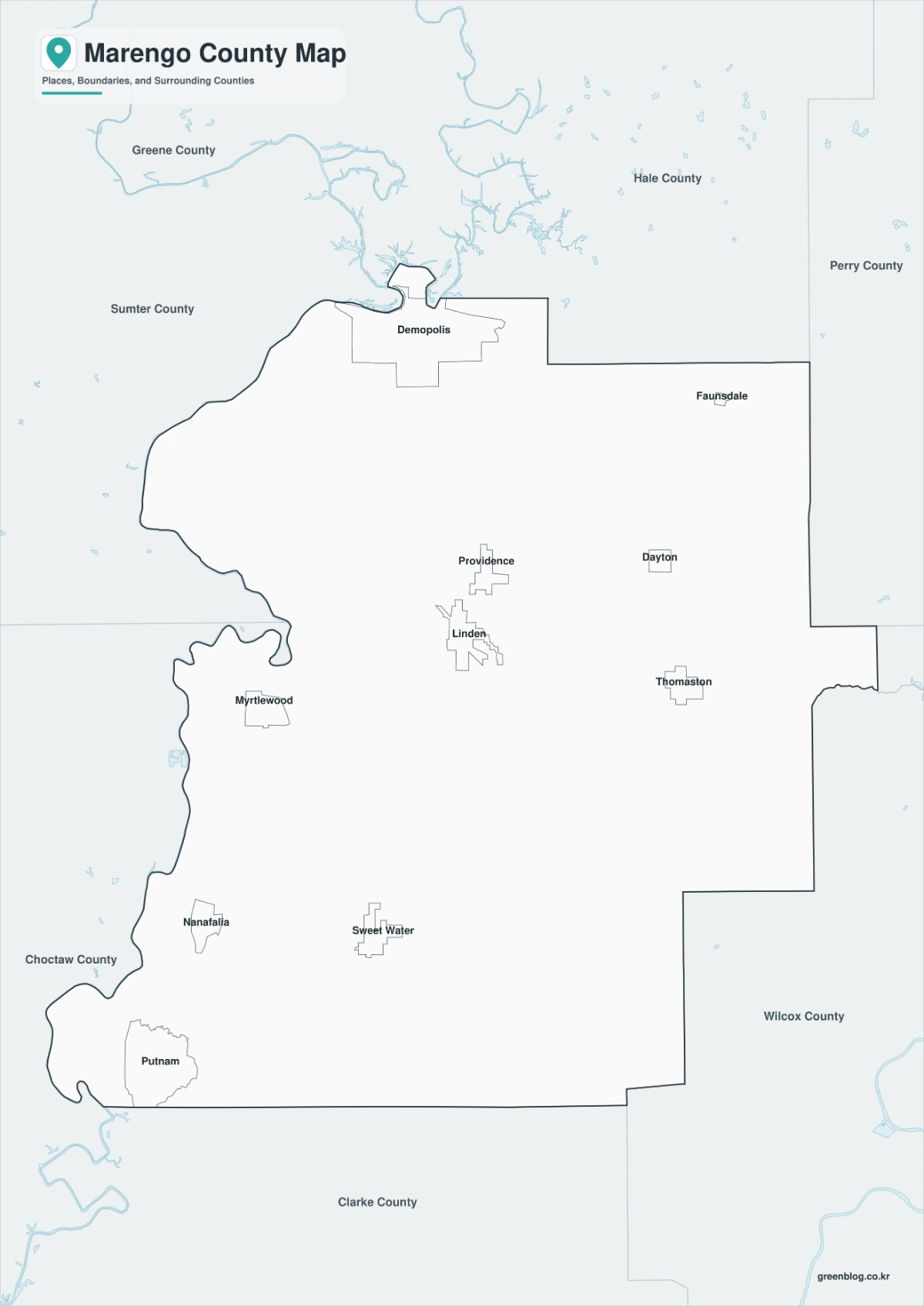 Black-and-white Marengo County map with river and county boundaries