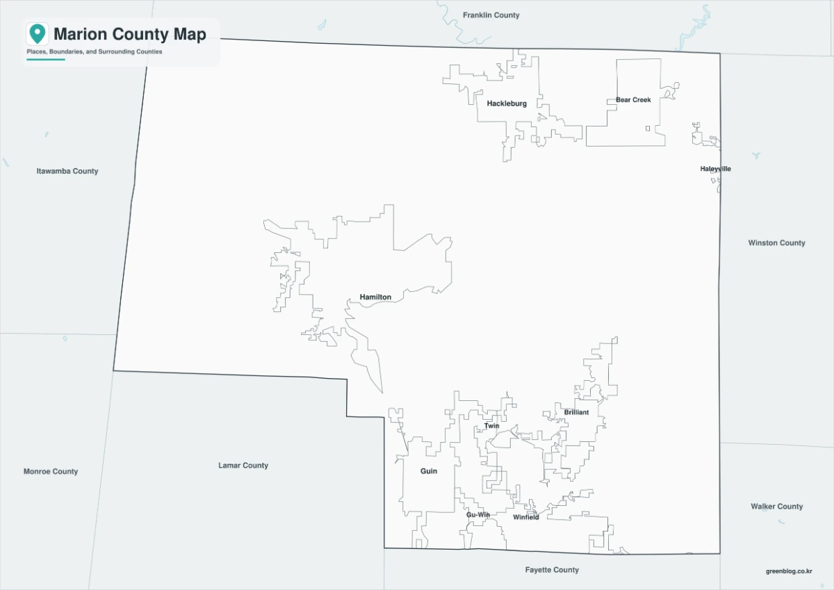 Black-and-white Marion County map with Alabama and Mississippi boundaries