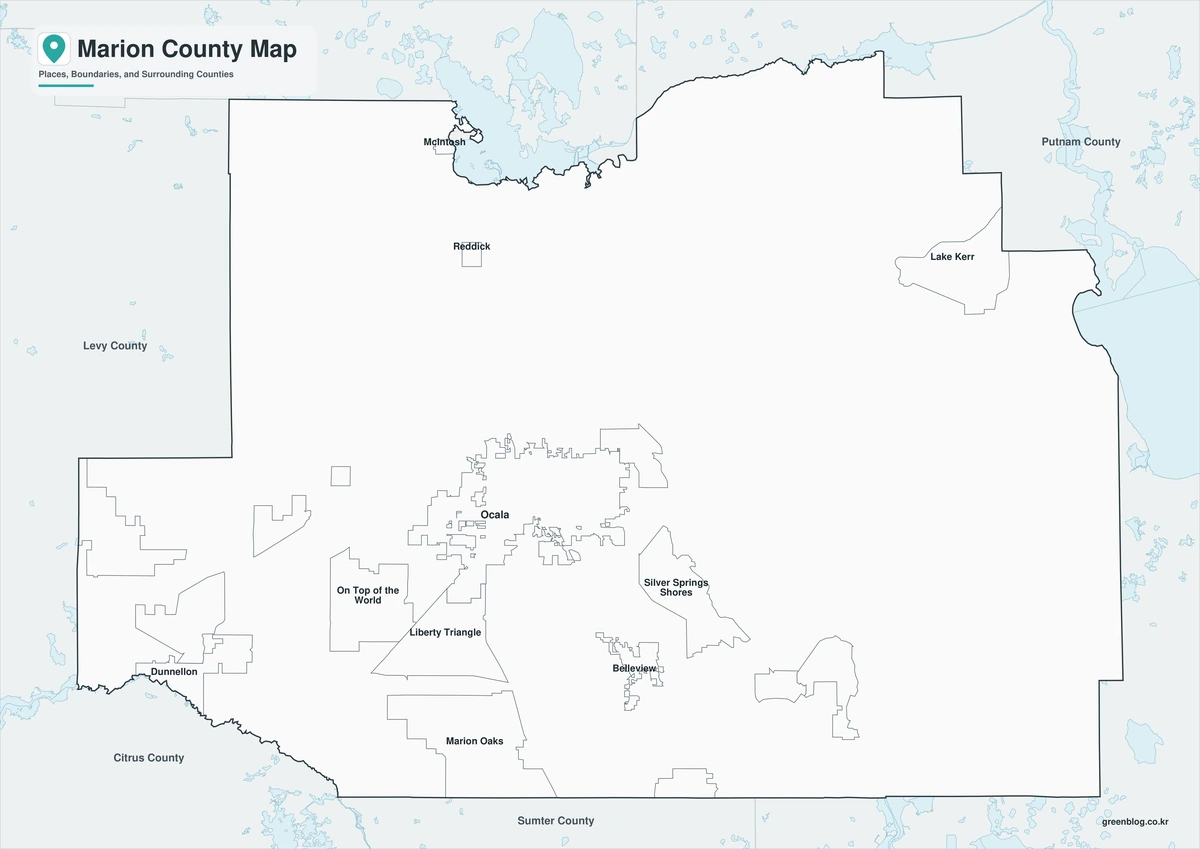 Black-and-white Marion County map with selected place labels