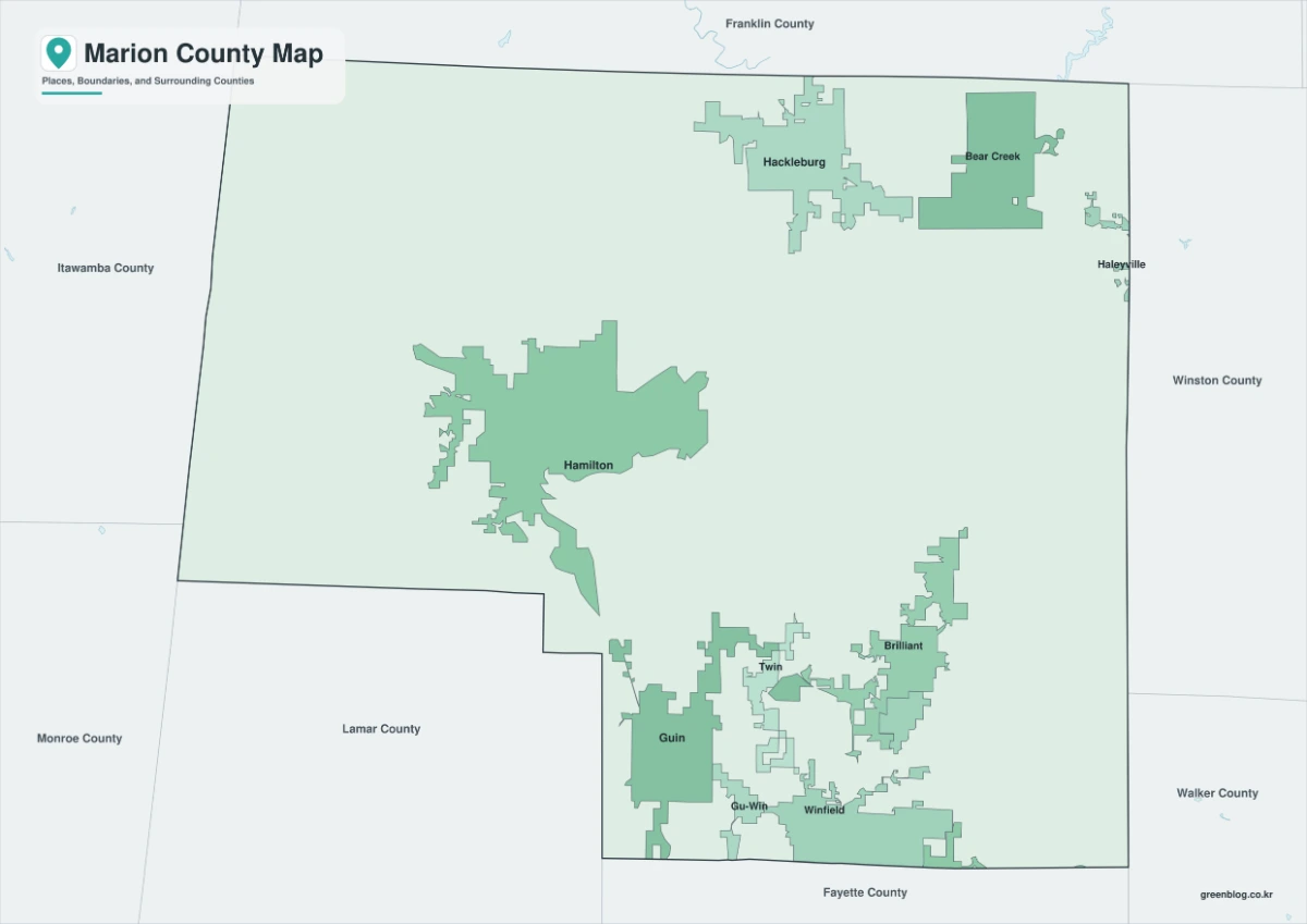 Color Marion County map with Hamilton, Winfield, and selected places