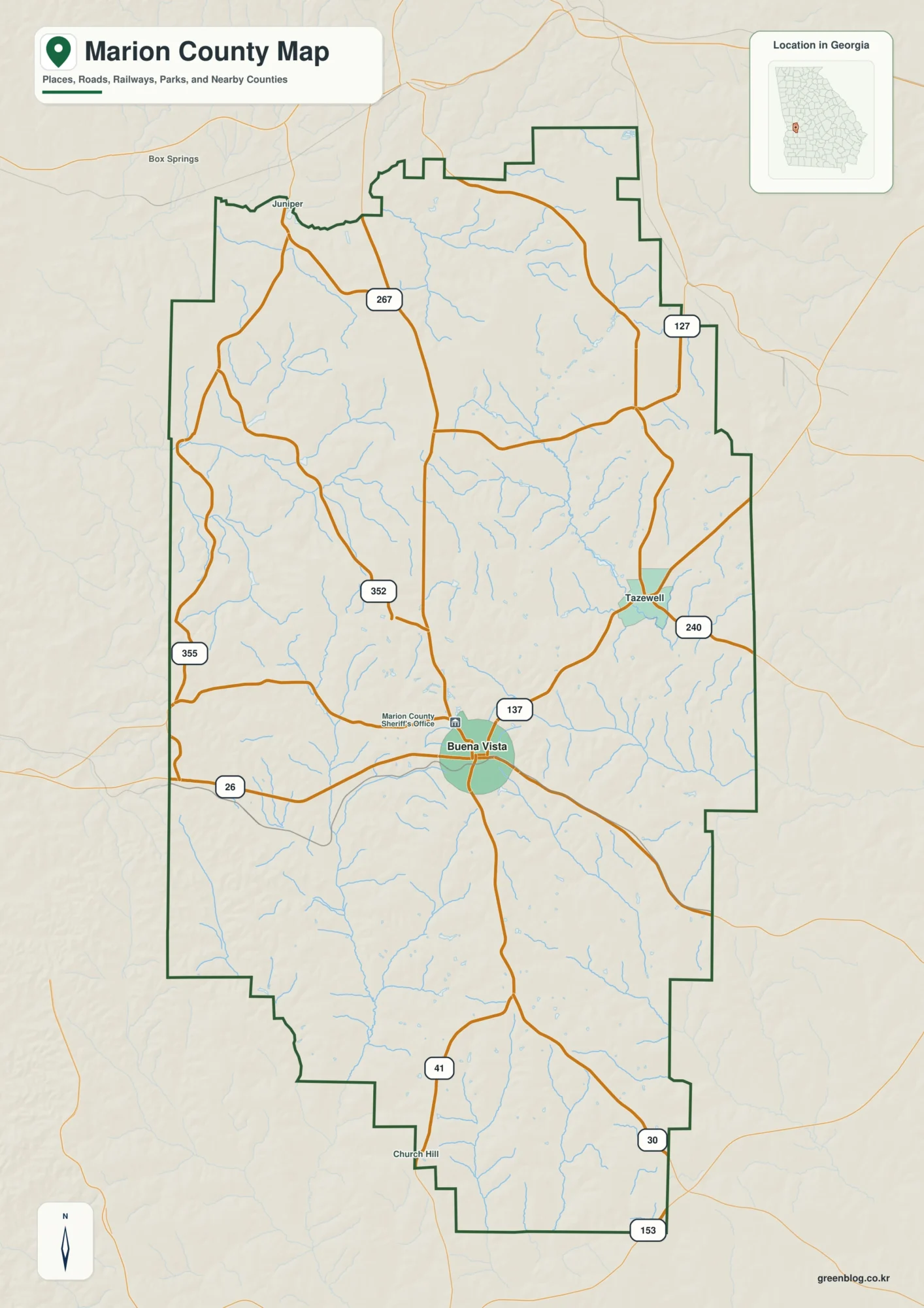 Marion County Georgia map showing the county boundary and selected places