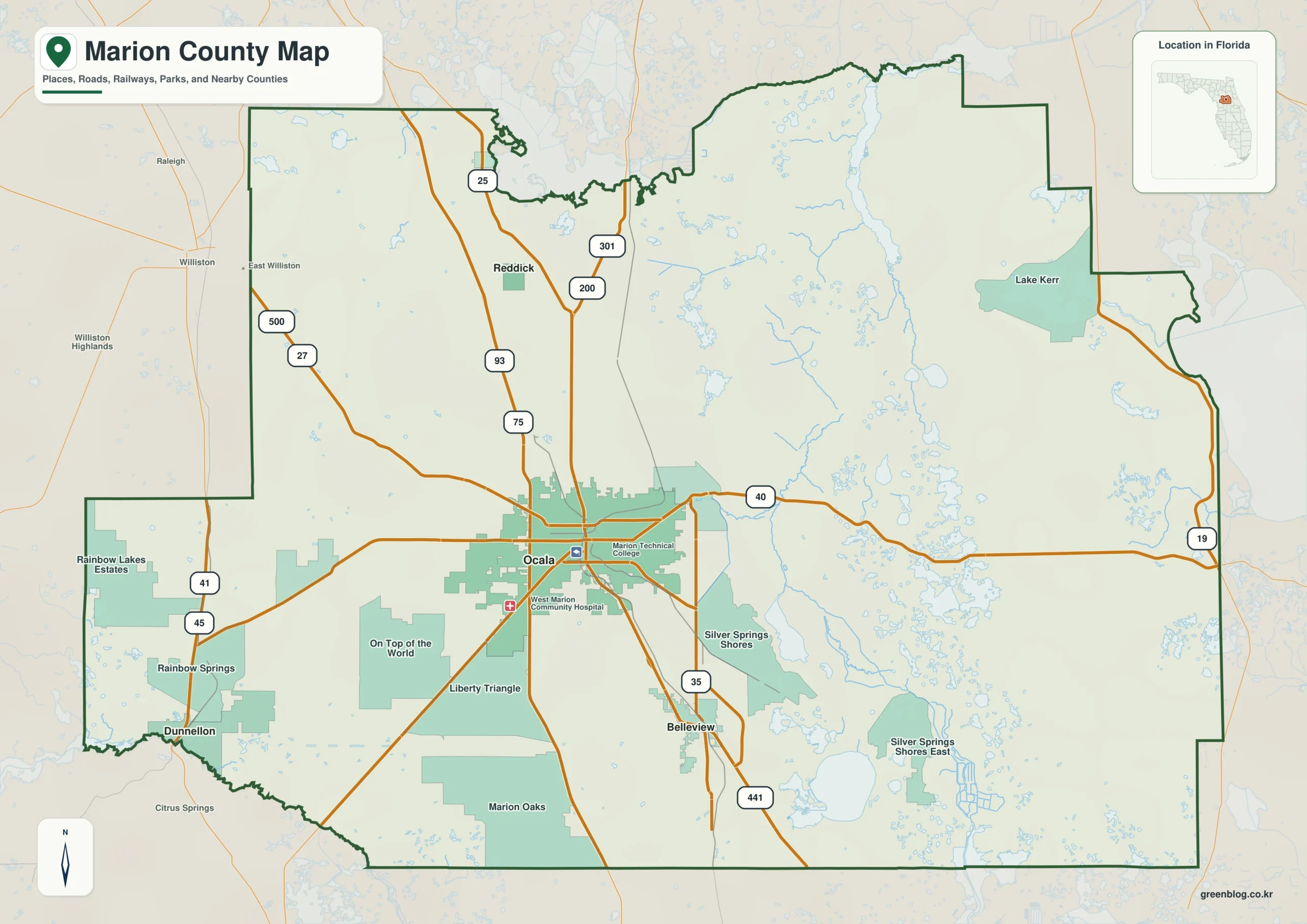 Marion County Florida map showing Ocala, Dunnellon, Belleview