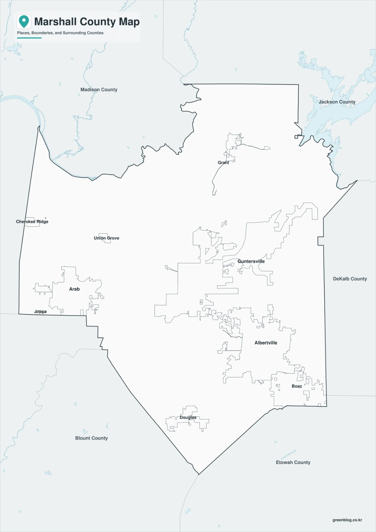Black-and-white Marshall County map with Tennessee River and county boundaries