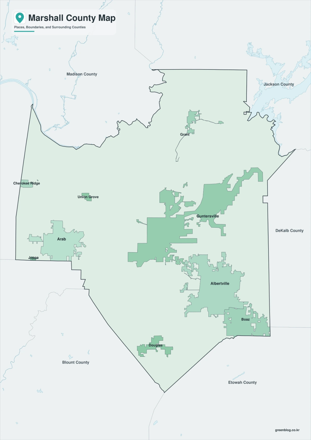 Marshall County map featuring color, black-and-white, and outline versions