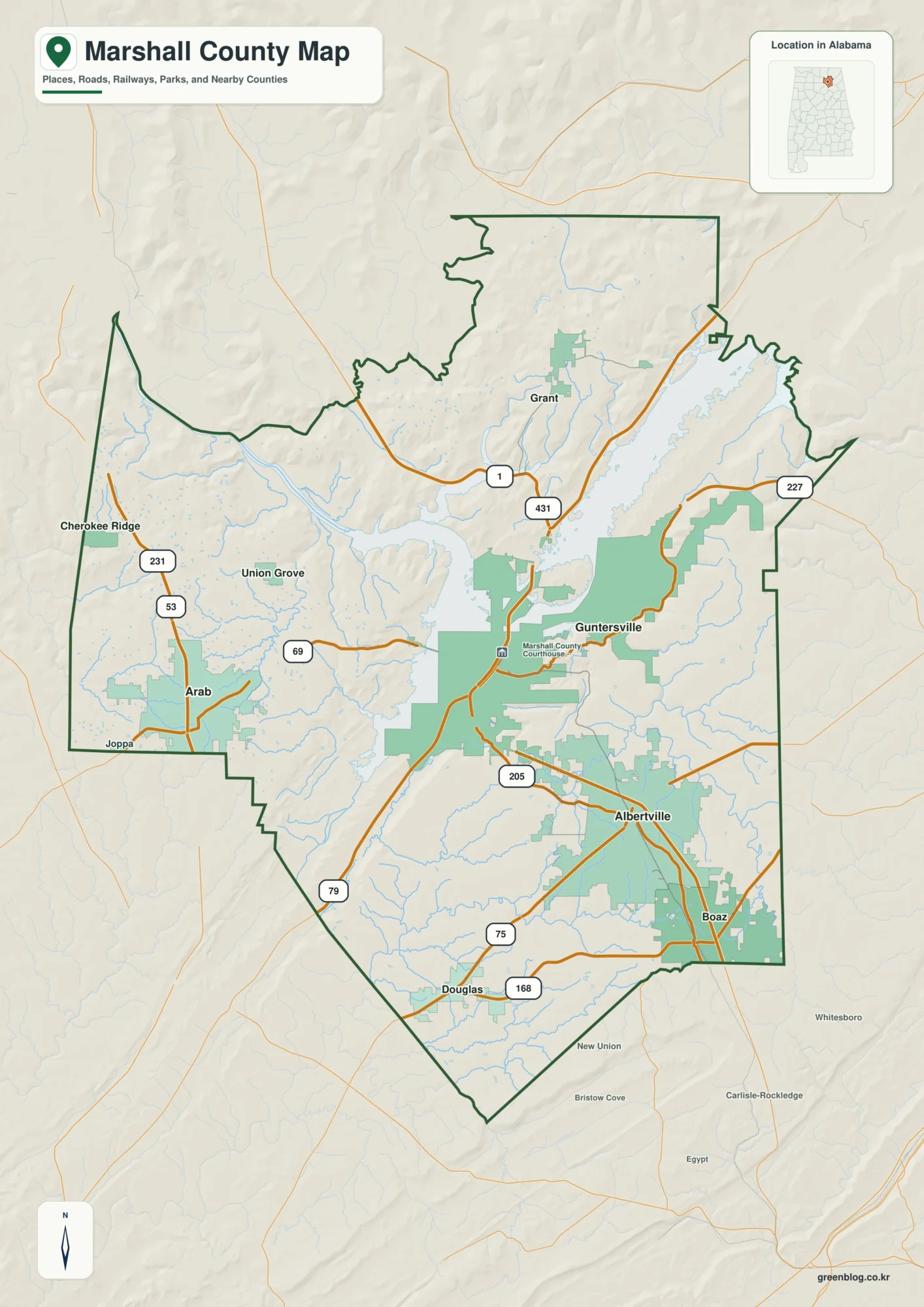 Marshall County Alabama map download showing the county boundary and selected places