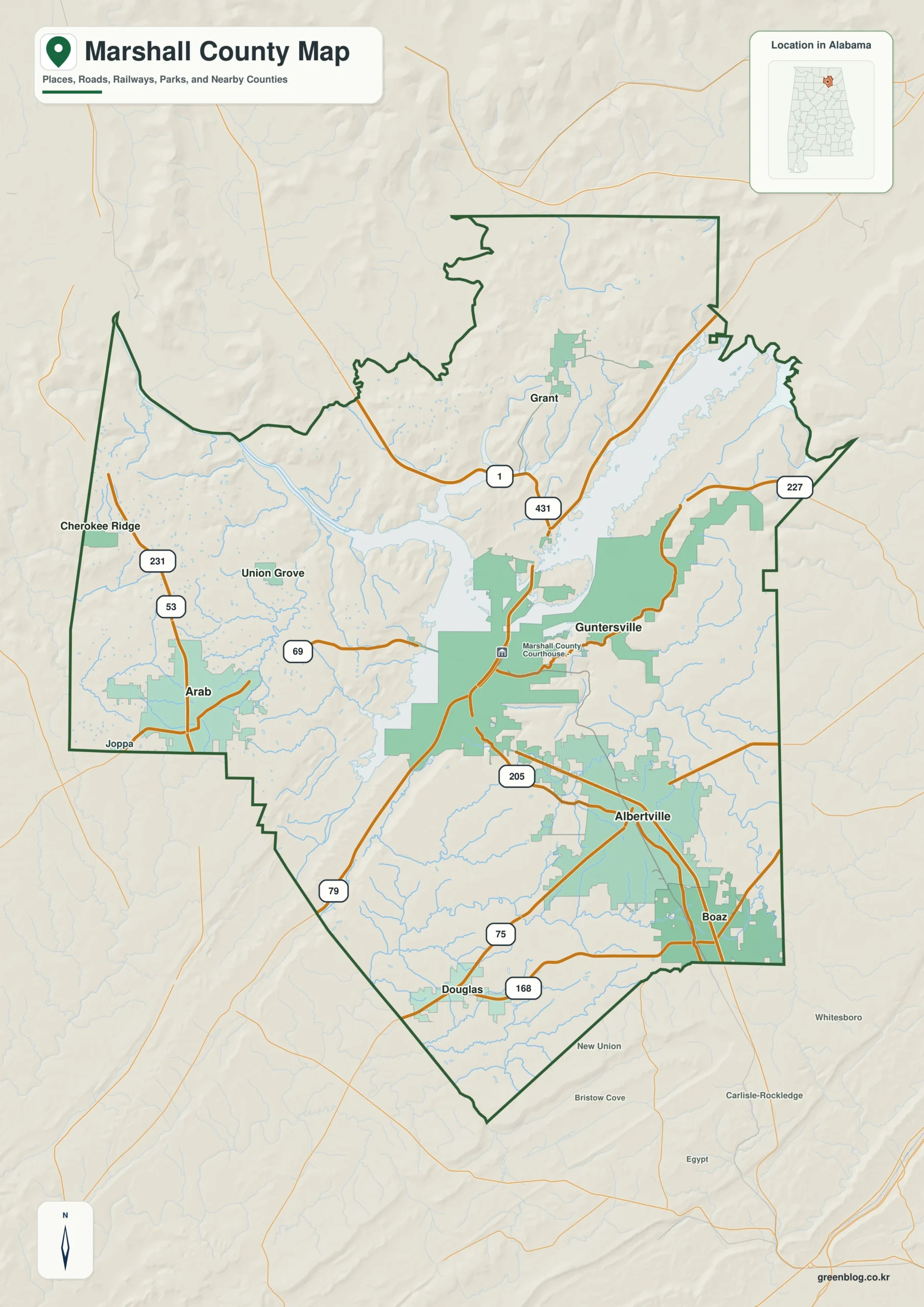 Marshall County Alabama map download showing the county boundary and selected places
