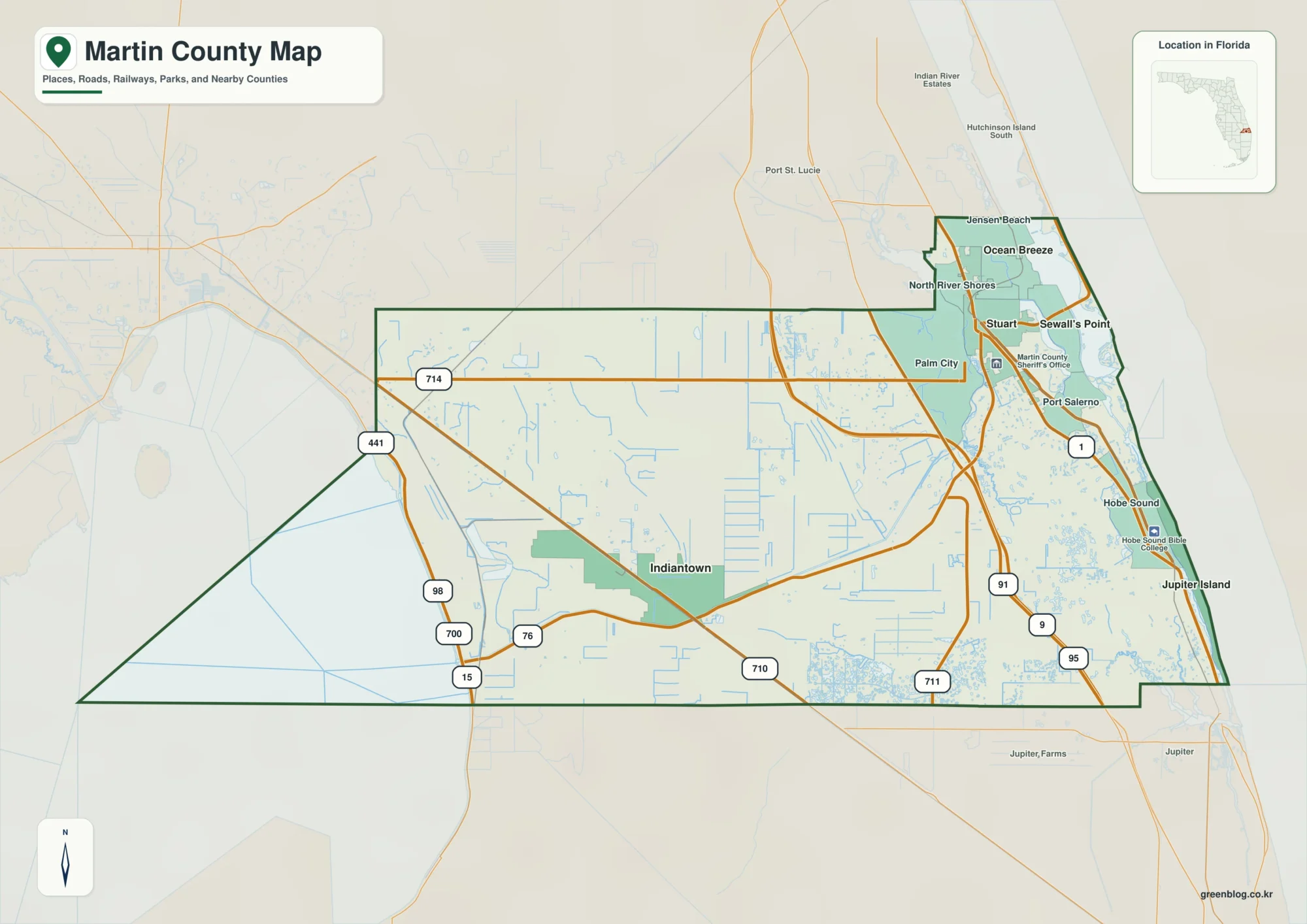 Martin County Florida map showing Stuart, Palm City, Indiantown