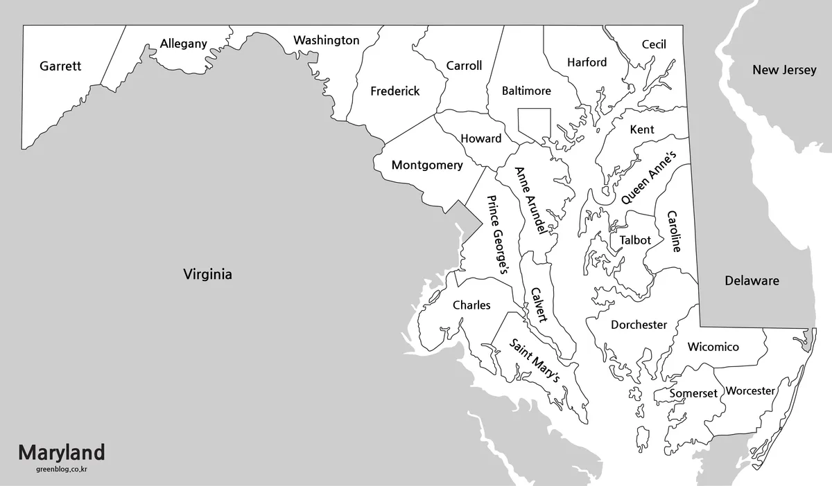Black and white Maryland map with county names and administrative boundary lines