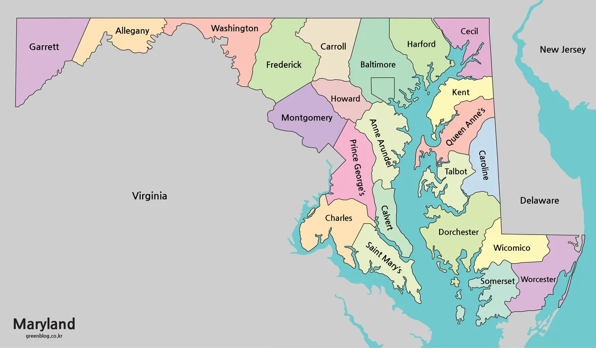 Printable Maryland map with color-coded county boundaries and bilingual county labels
