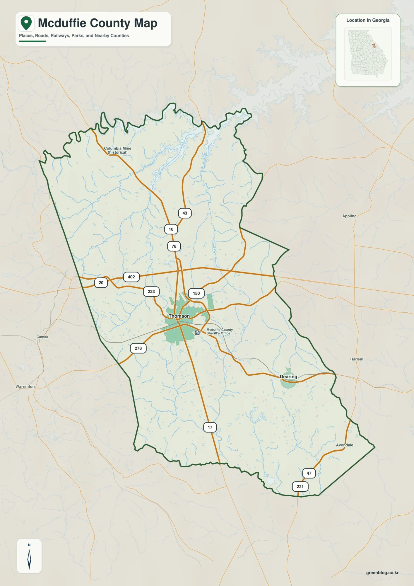 McDuffie County Georgia map showing the county boundary and selected places