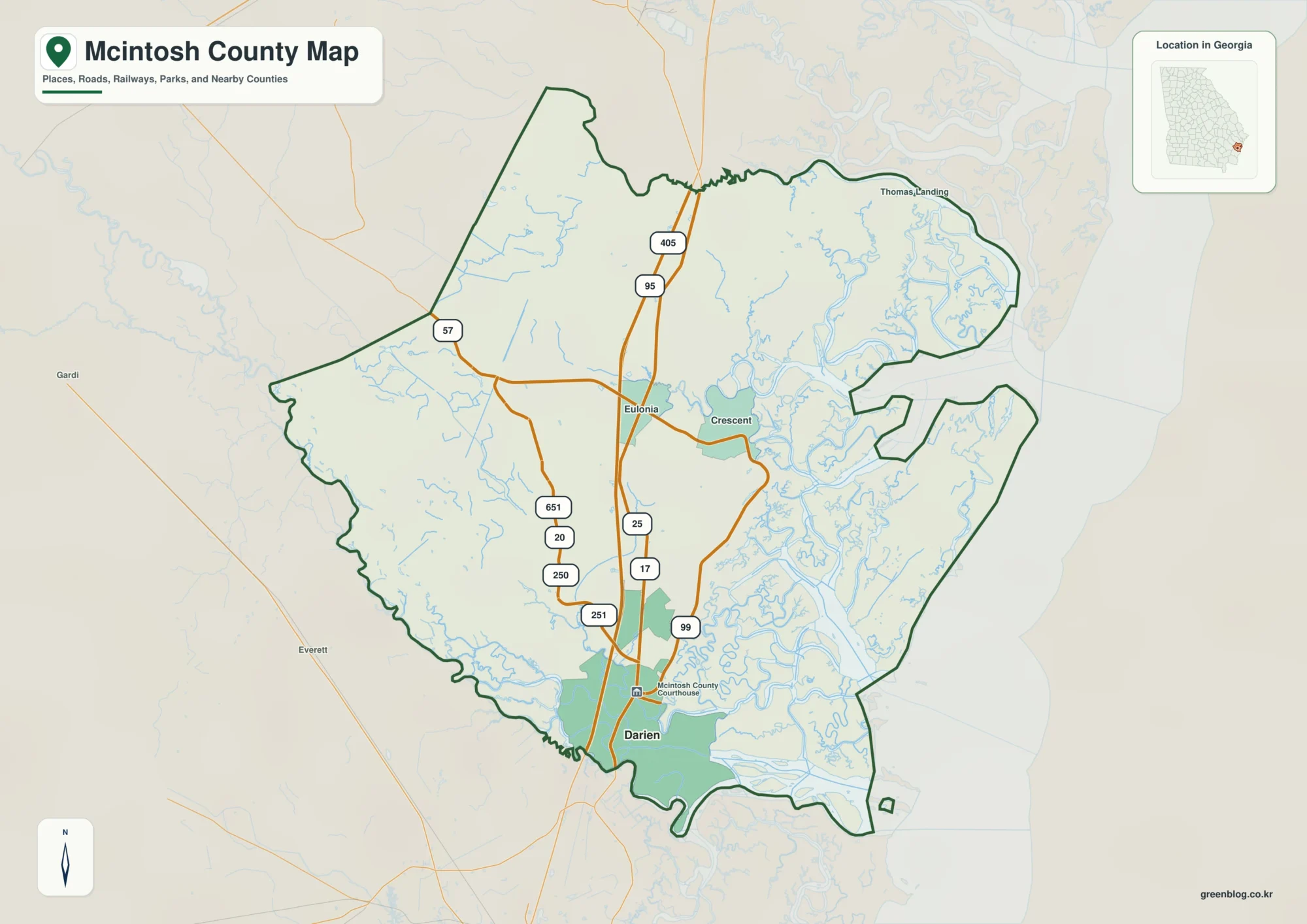 McIntosh County Georgia map showing the county boundary and selected places