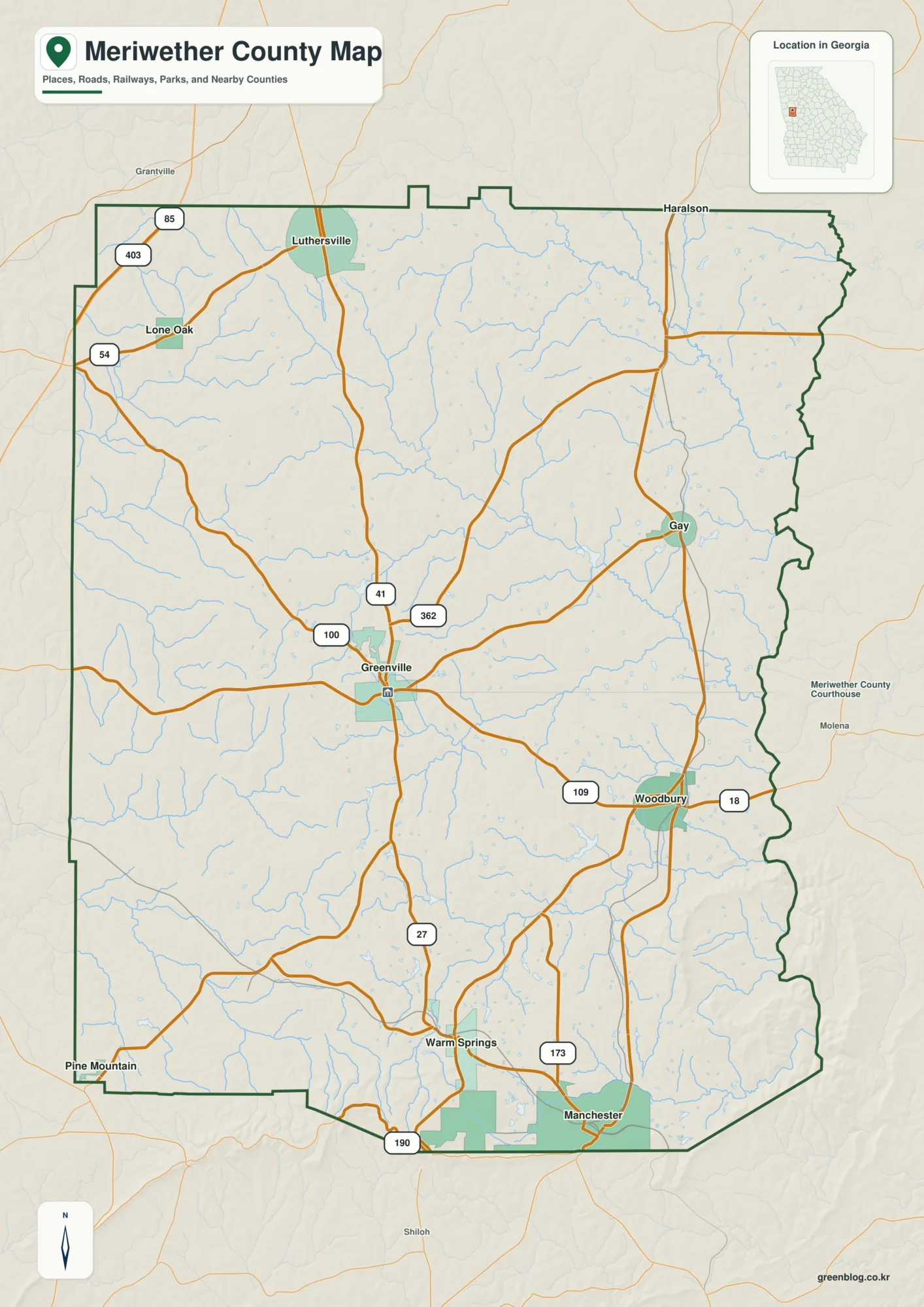 Meriwether County Georgia map showing the county boundary and selected places