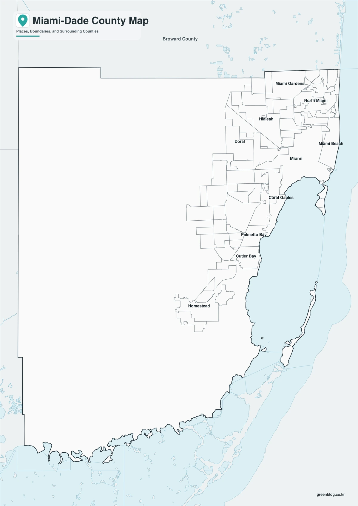 Black-and-white Miami-Dade County map with selected place labels