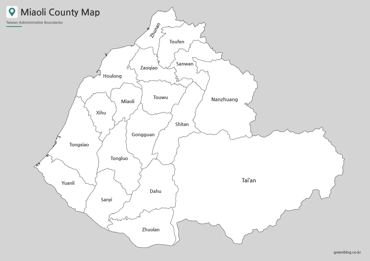 Miaoli County black and white map with labeled city and township boundaries