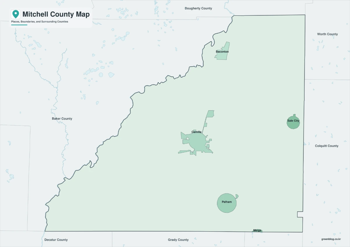 Mitchell County Georgia map in color black and white and outline versions