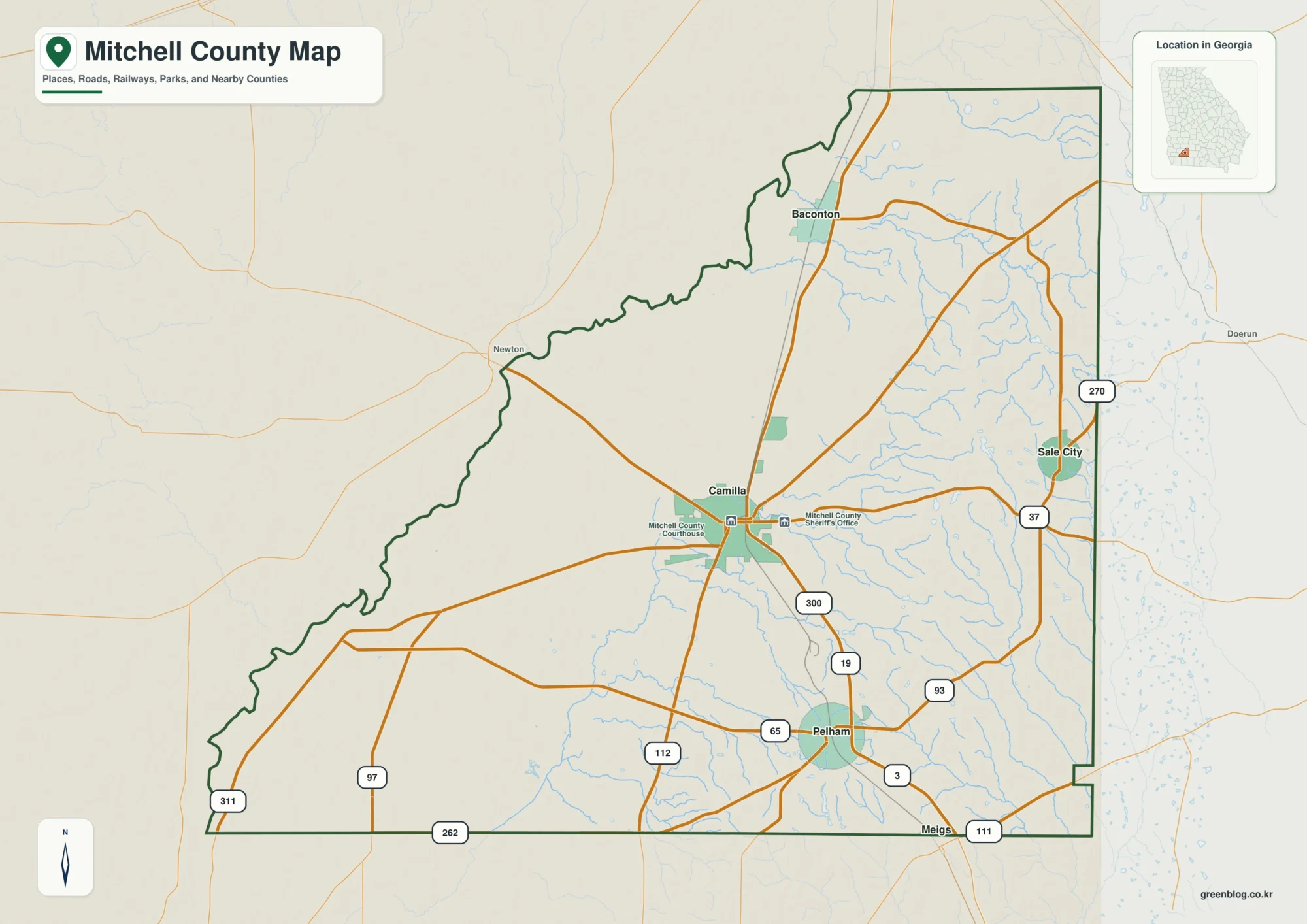 Mitchell County Georgia map showing the county boundary and selected places