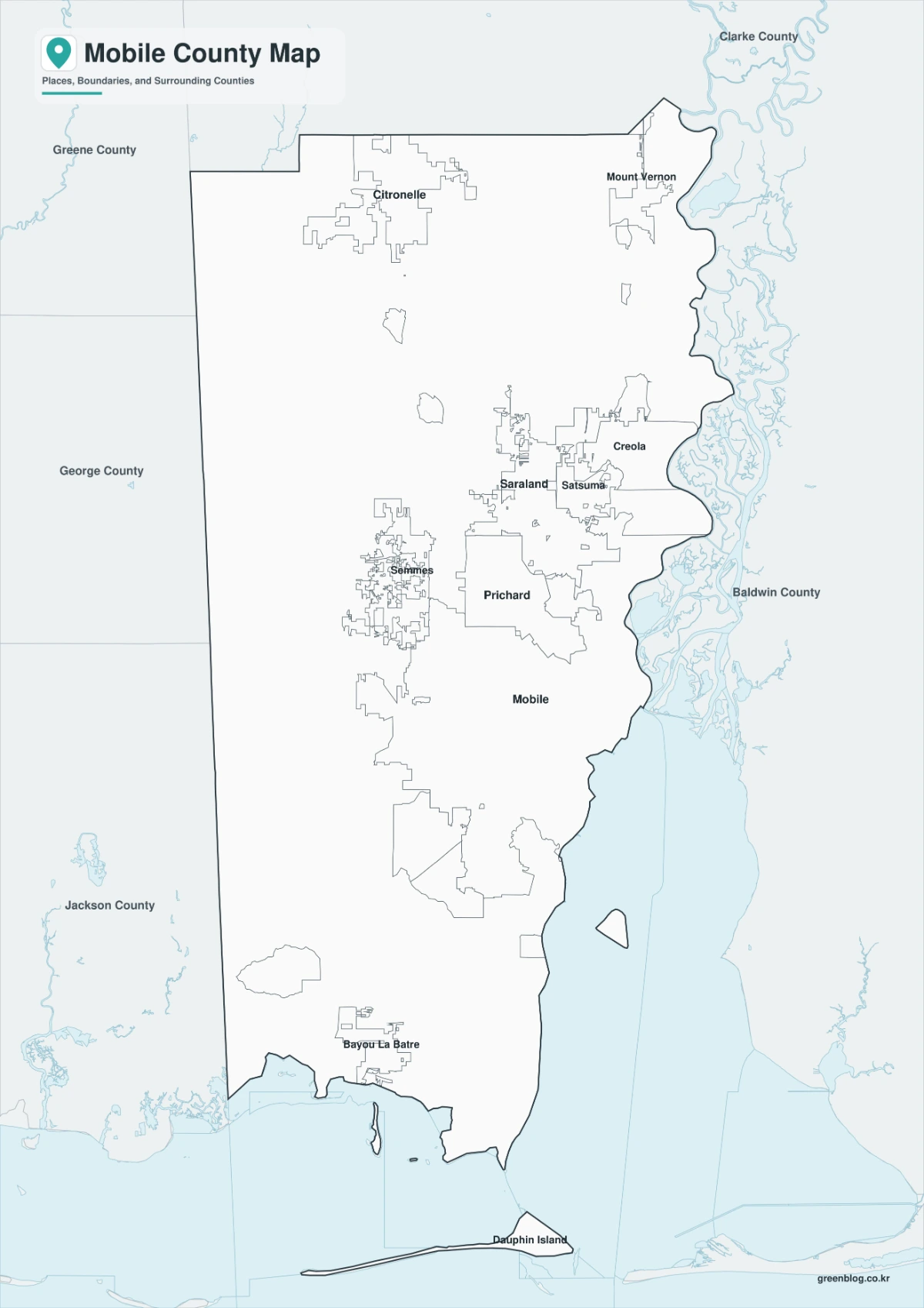 Black-and-white Mobile County map with Mobile Bay and Gulf coastline