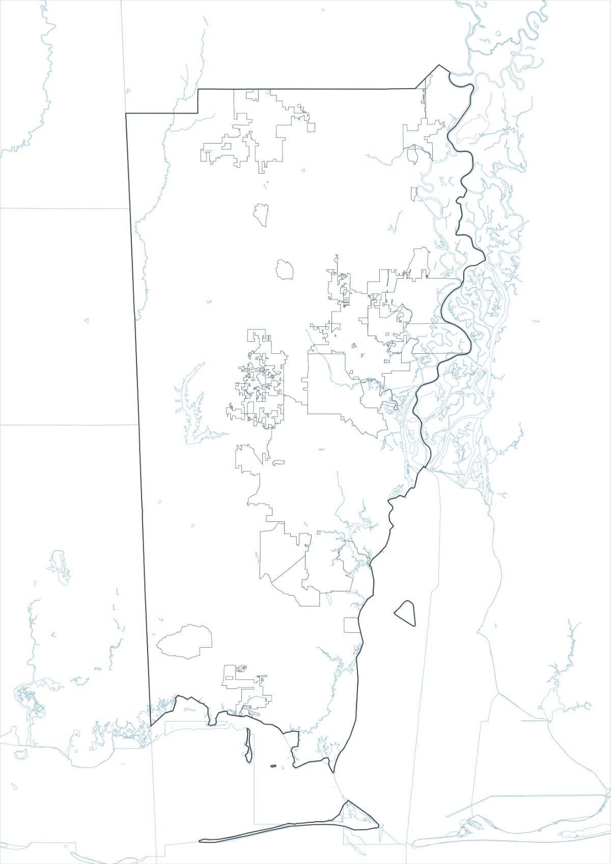 모빌 카운티 윤곽선 지도와 Dauphin Island 해안 경계