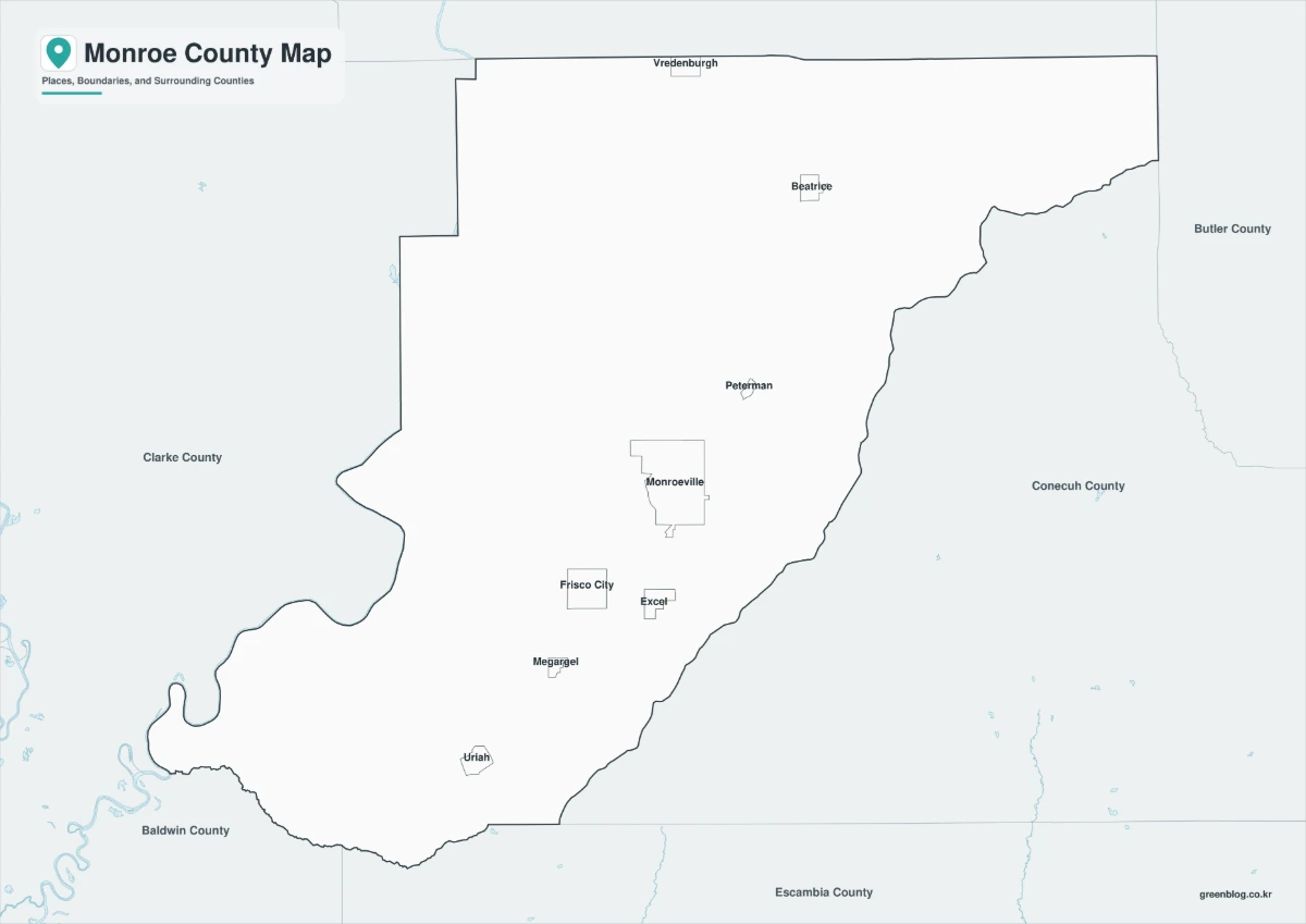 Black-and-white Monroe County map with Alabama River and county boundaries