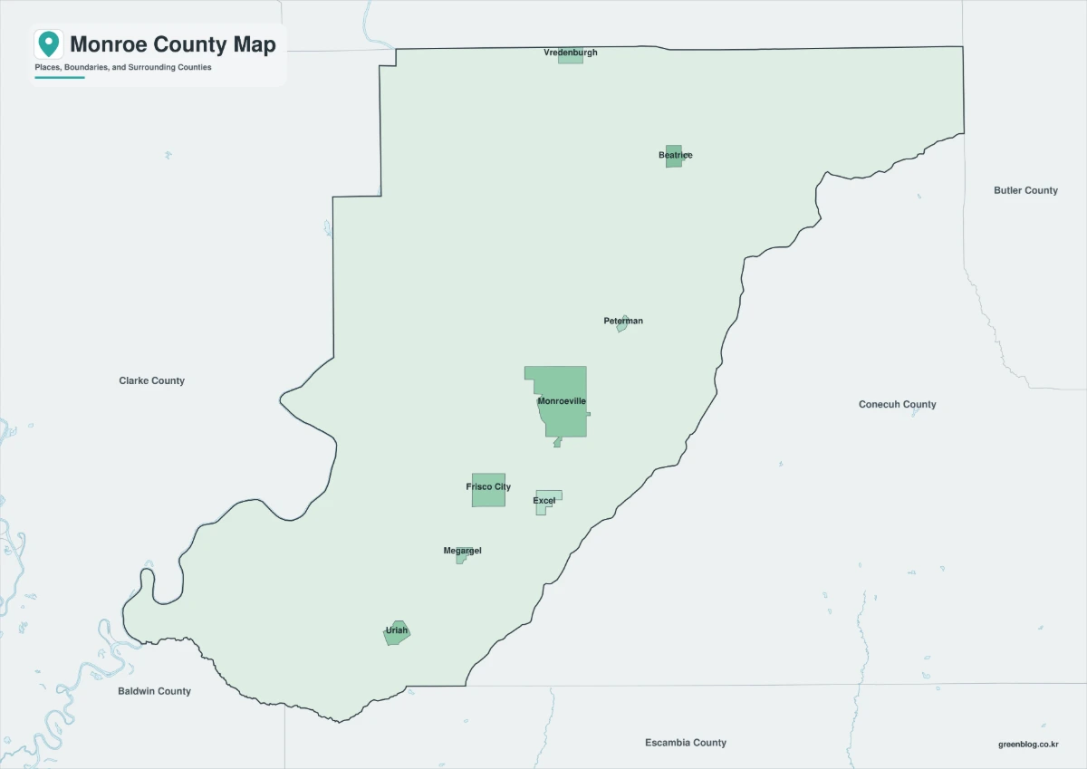 Color Monroe County map with Monroeville, Frisco City, and selected places