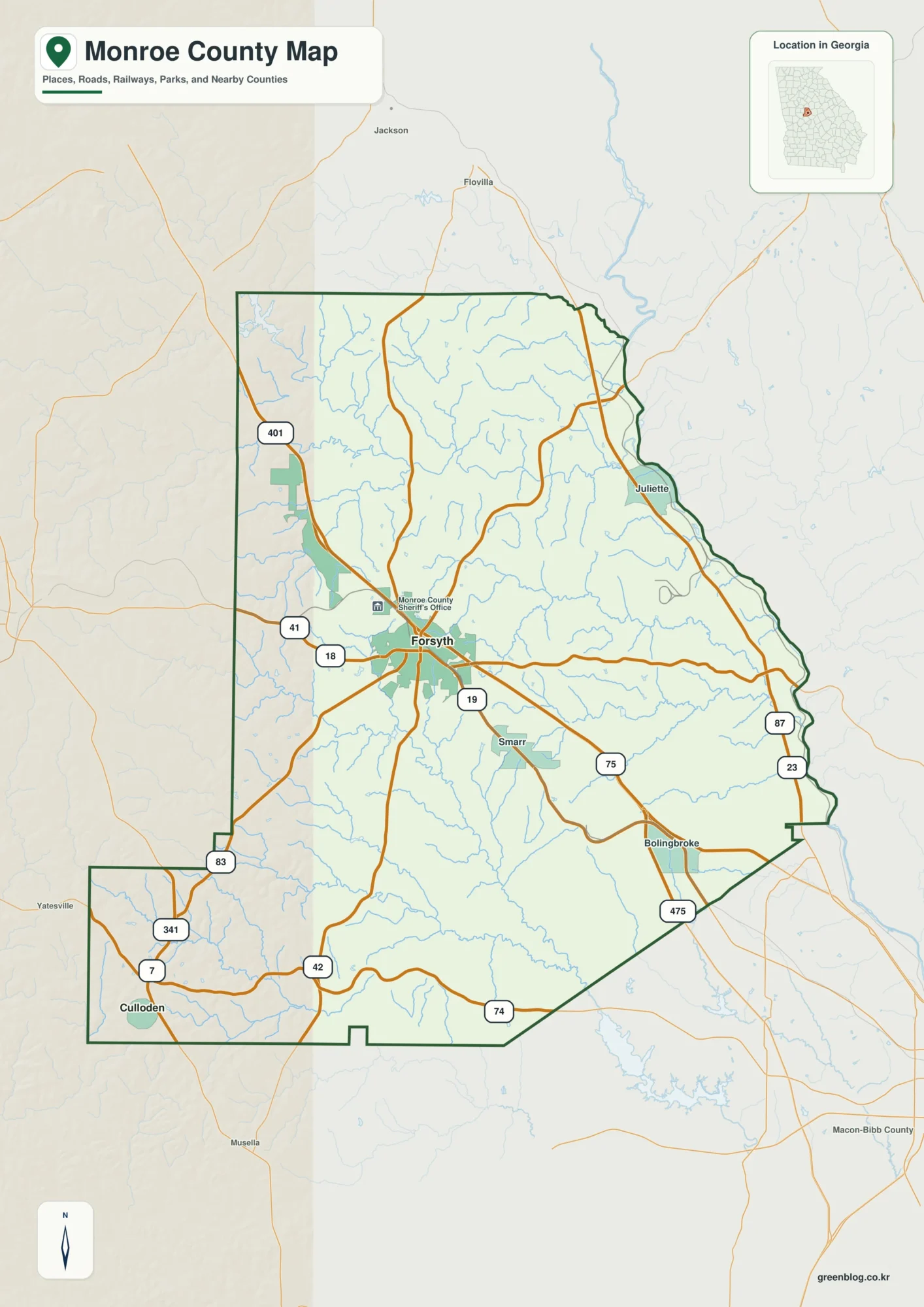 Monroe County Georgia map showing the county boundary and selected places