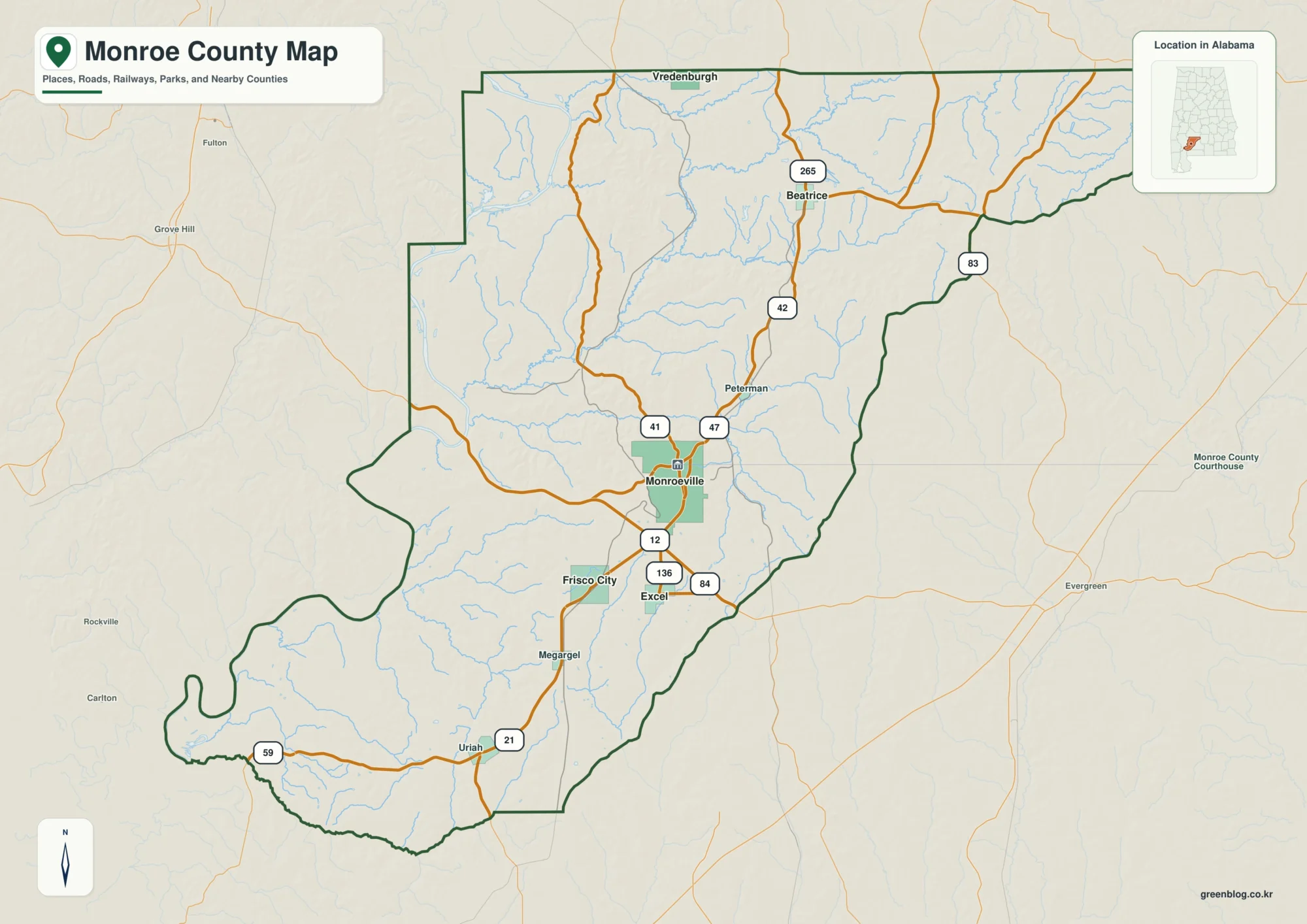먼로 카운티 Monroe County 앨라배마 지도에서 카운티 경계와 주요 지명을 확인하는 지도