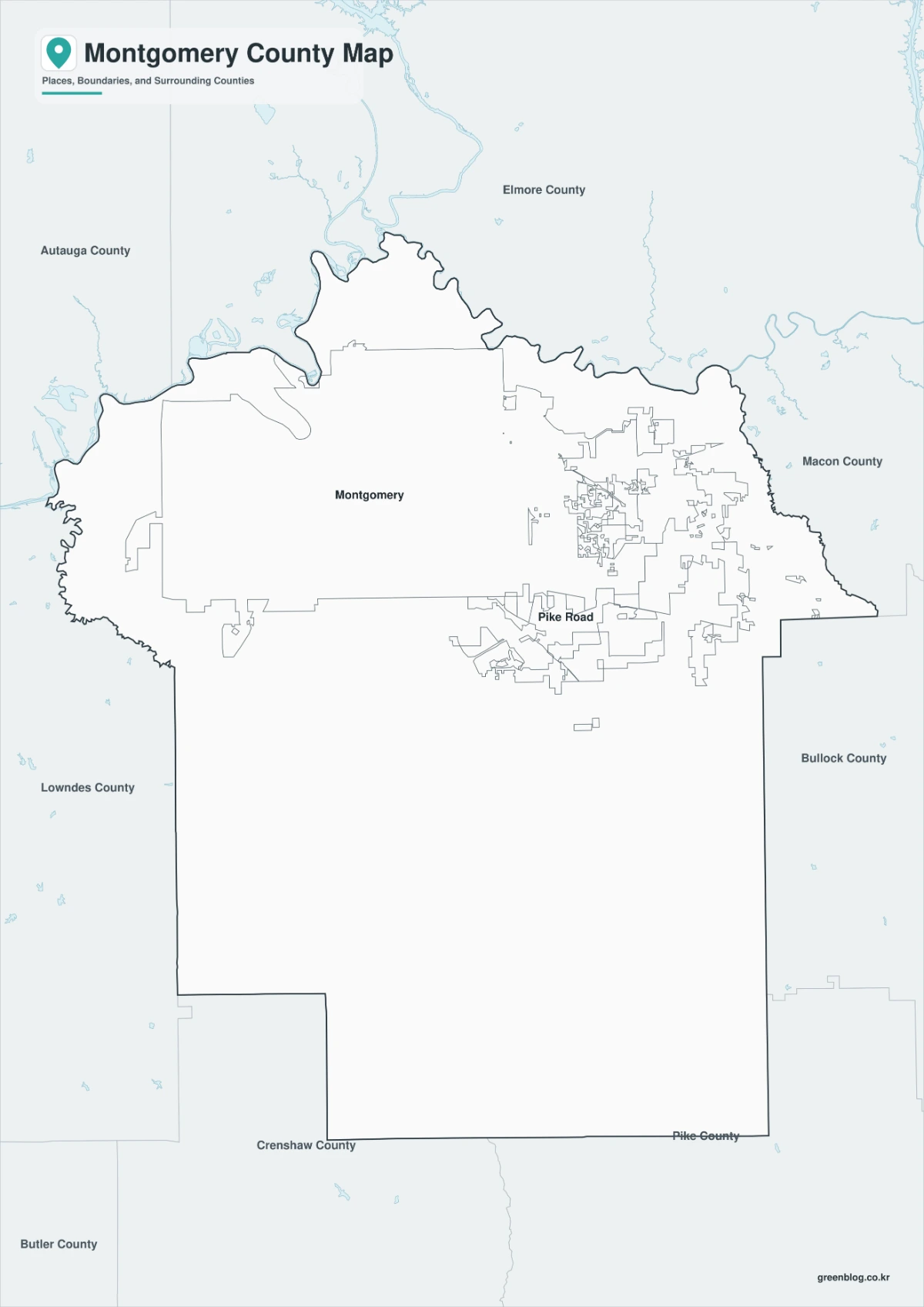 Montgomery County map black-and-white version with labels and county boundary lines