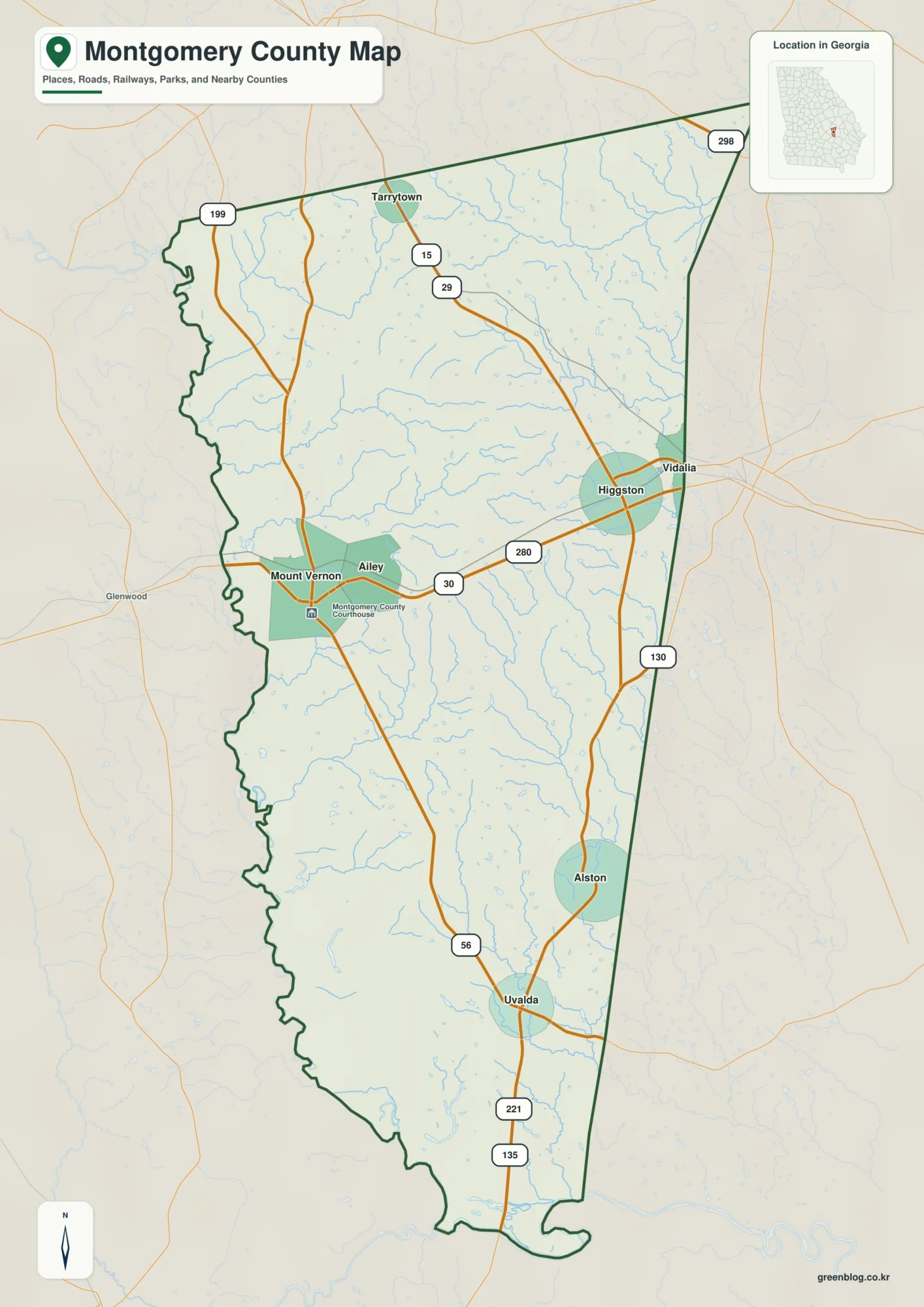 Montgomery County Georgia map showing the county boundary and selected places