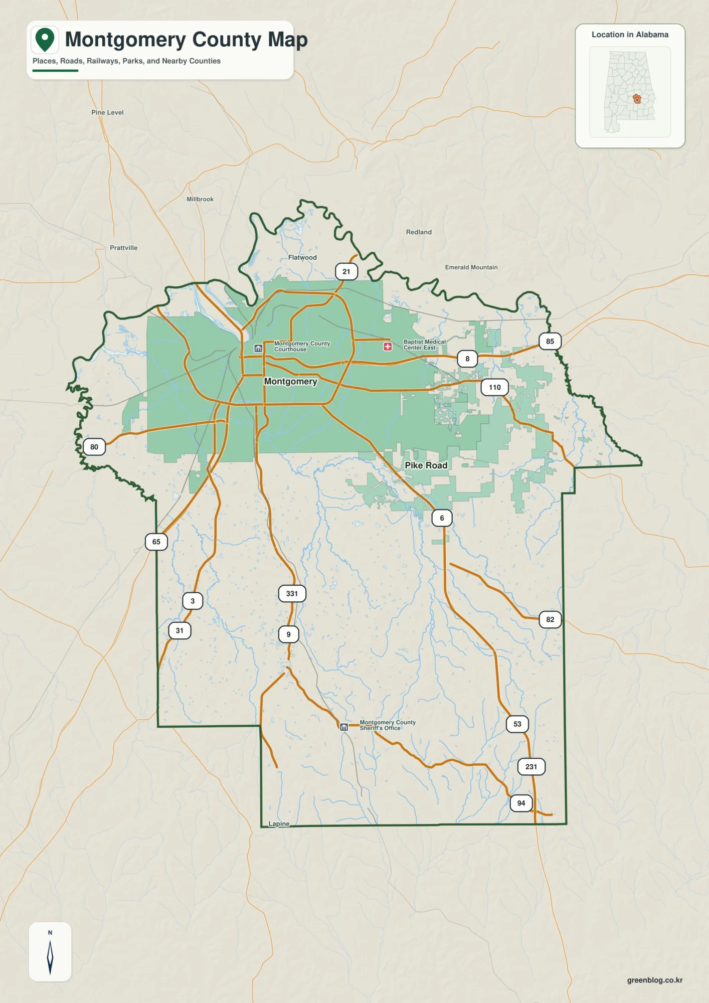 Montgomery County Alabama map showing the county boundary and selected places