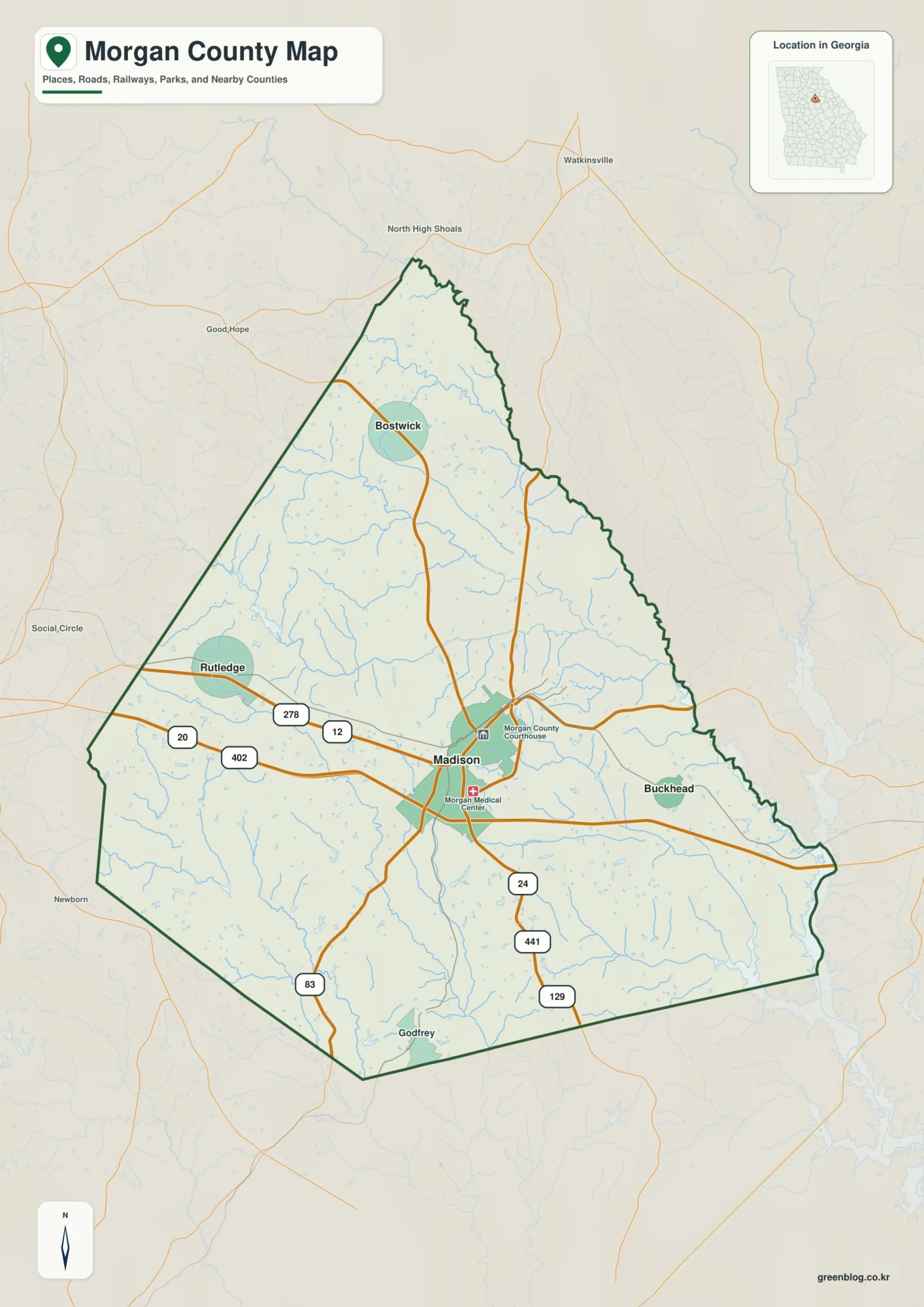Morgan County Georgia map showing the county boundary and selected places