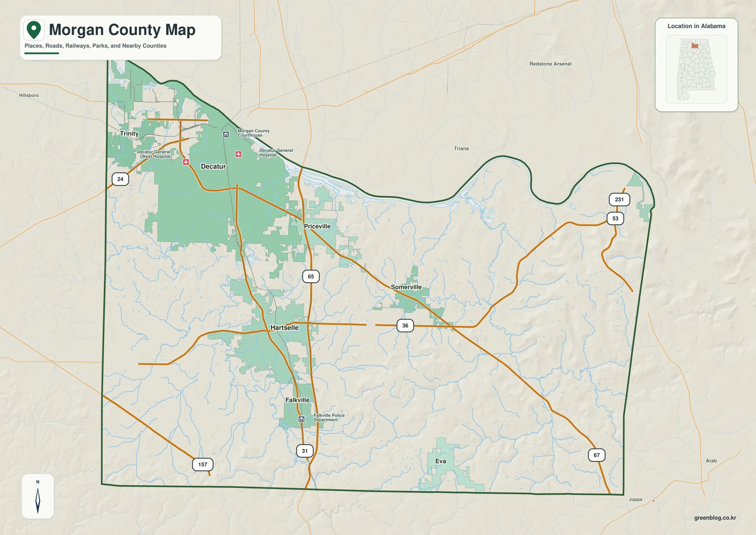 모건 카운티 Morgan County 앨라배마 지도에서 카운티 경계와 주요 지명을 확인하는 지도