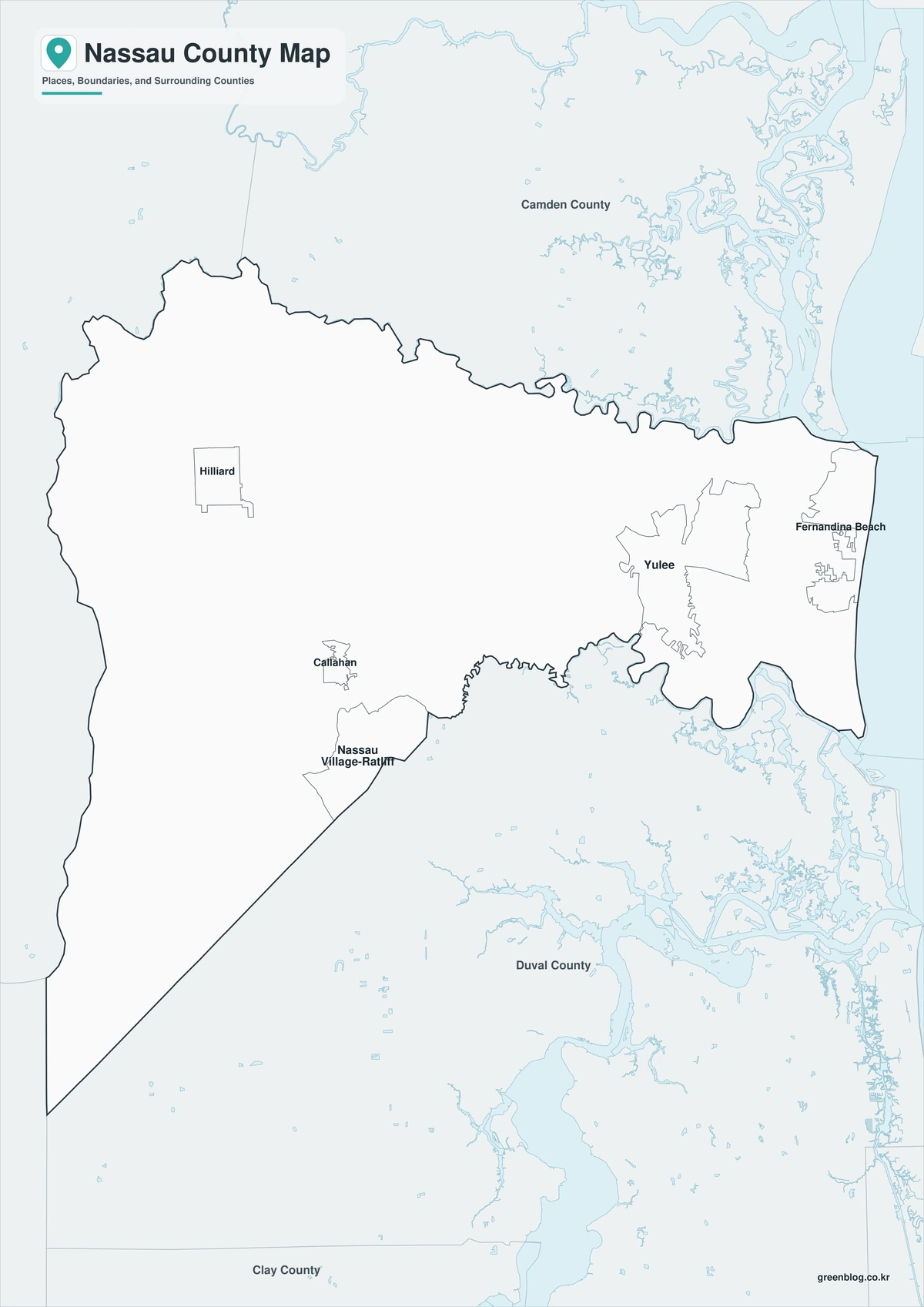 Black-and-white Nassau County map with selected place labels