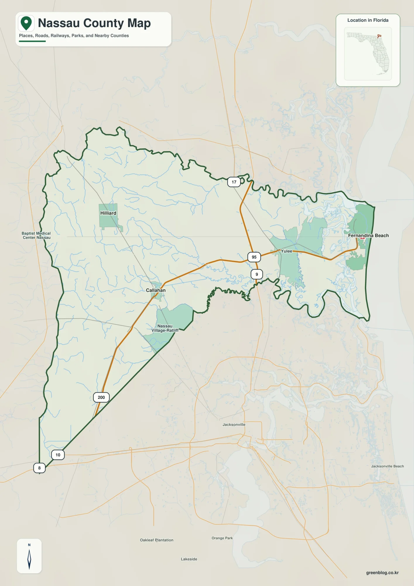 Nassau County Florida map showing Fernandina Beach, Yulee, Callahan