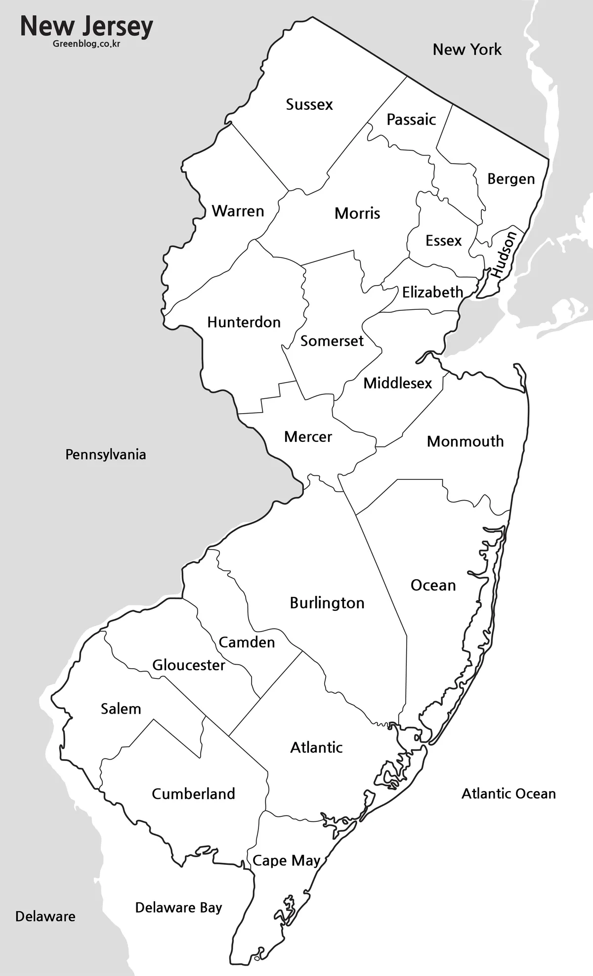 Printable black and white New Jersey county map with labels and clear administrative boundary lines.