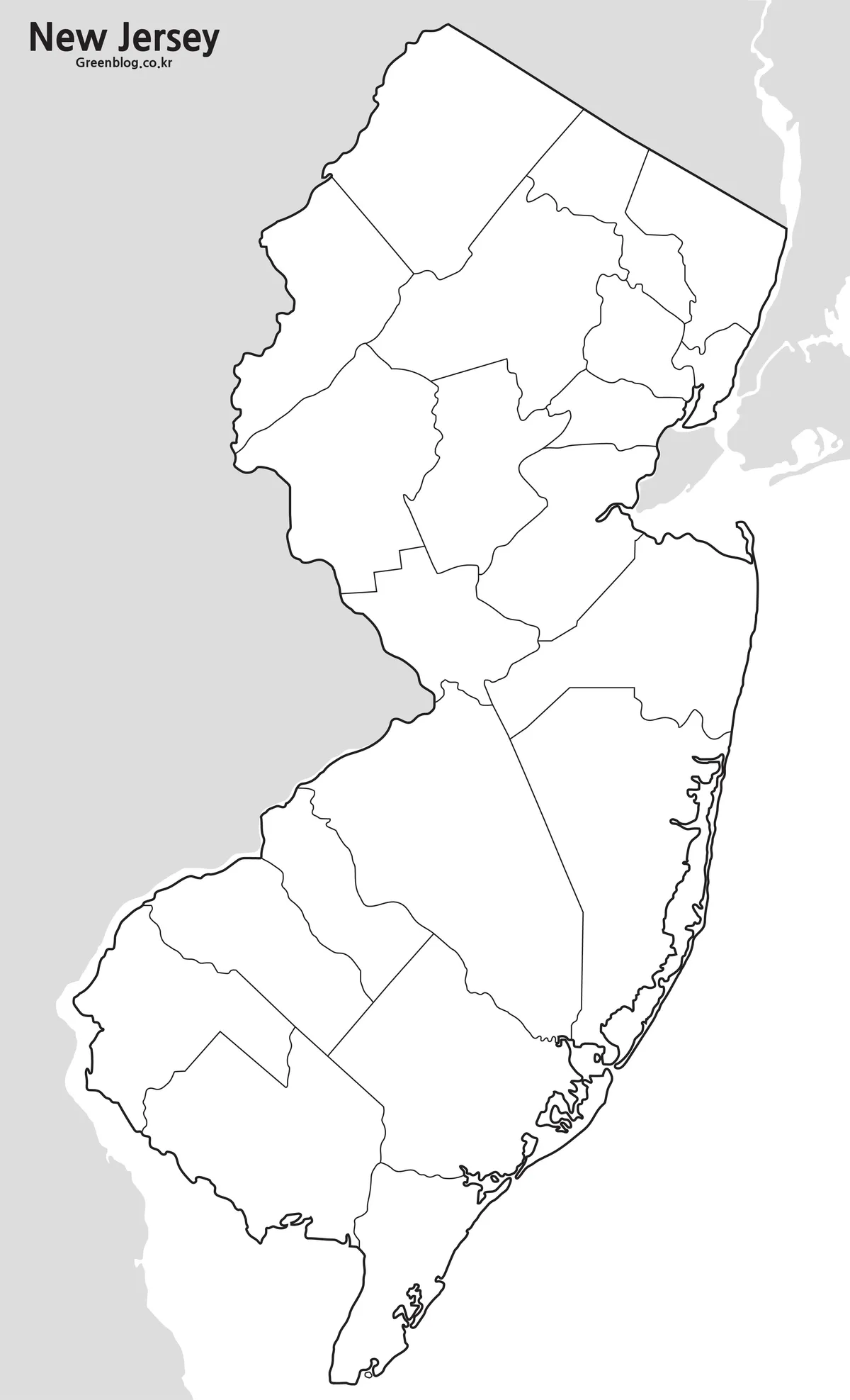 Editable New Jersey outline map with county boundaries for classroom activities and graphic projects.