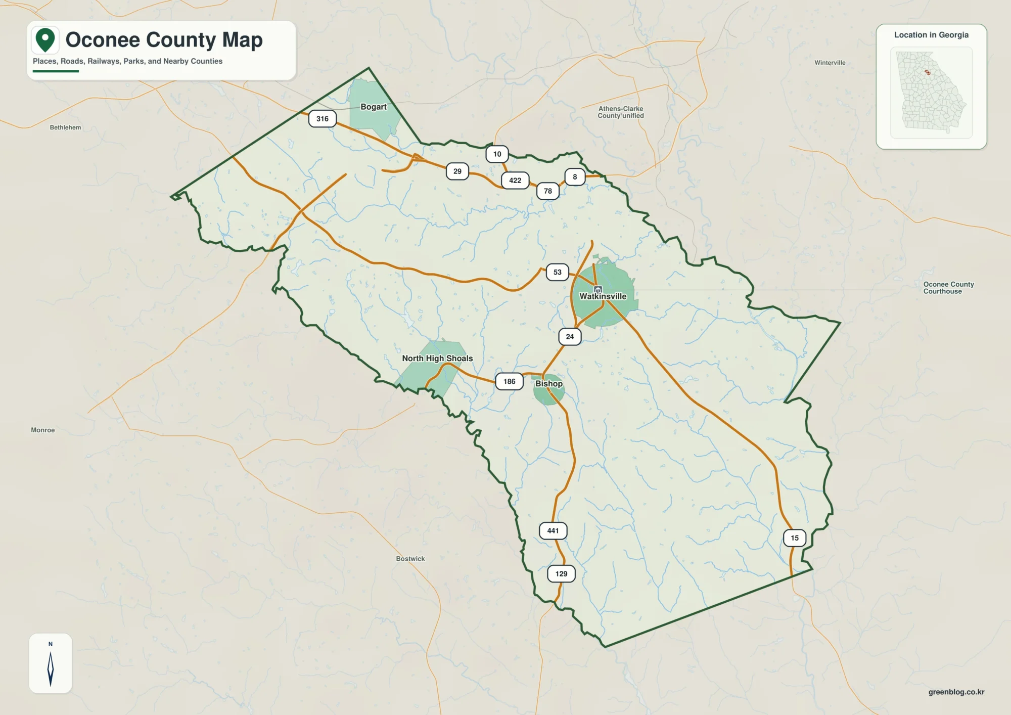 오코니 카운티 Oconee County 조지아 지도에 표시된 카운티 경계와 주요 지명
