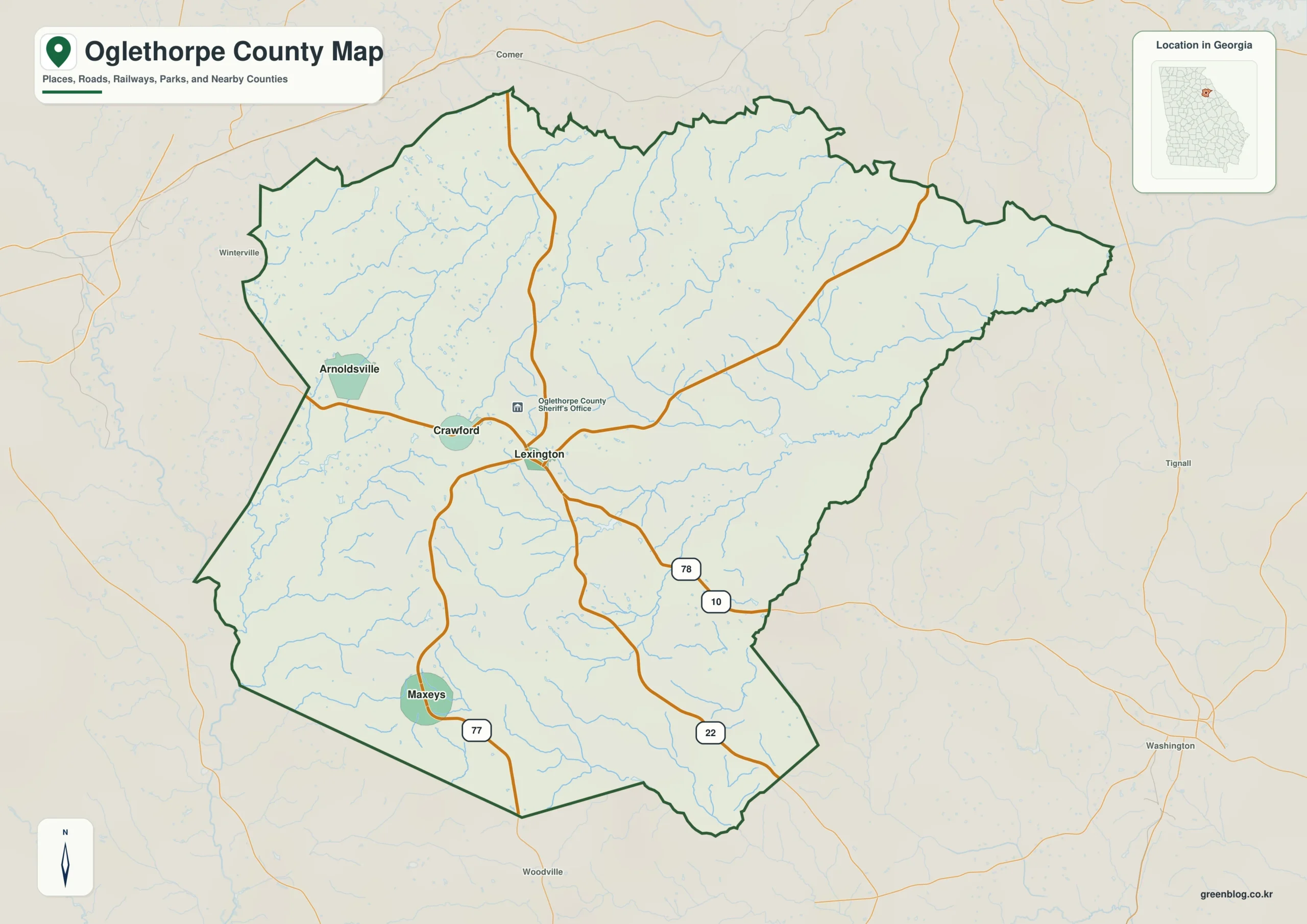 오글소프 카운티 Oglethorpe County 조지아 지도에 표시된 카운티 경계와 주요 지명