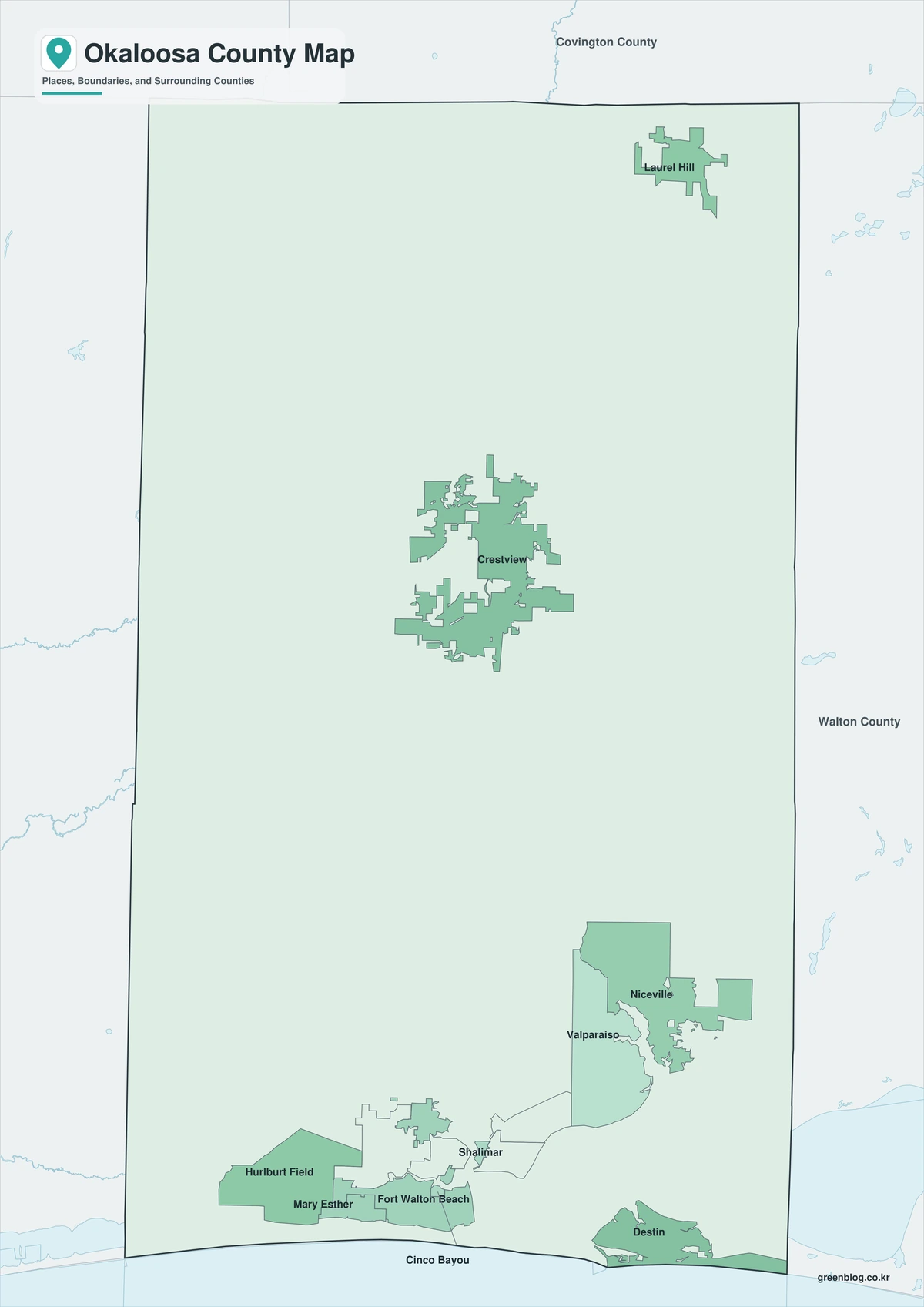 Okaloosa County Florida map with color black-and-white and outline versions