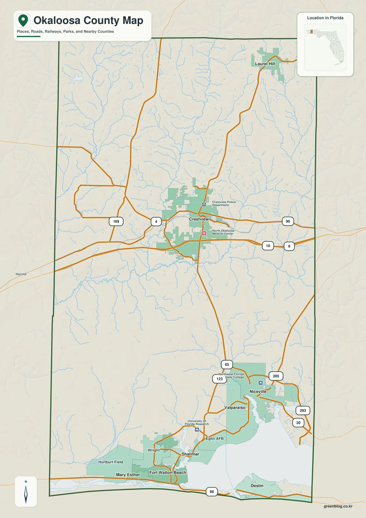 Okaloosa County Florida map showing Crestview, Fort Walton Beach, Destin