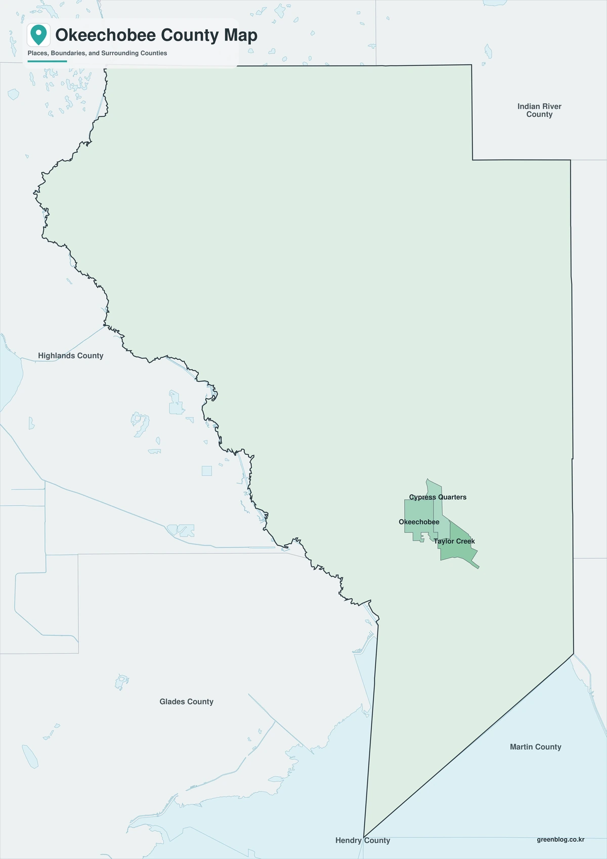 Color map of Okeechobee County Florida and neighboring counties