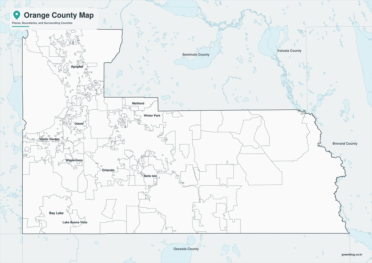 Black-and-white Orange County map with selected place labels