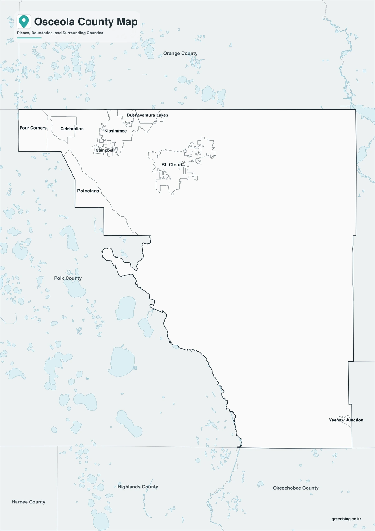 Black-and-white Osceola County map with selected place labels