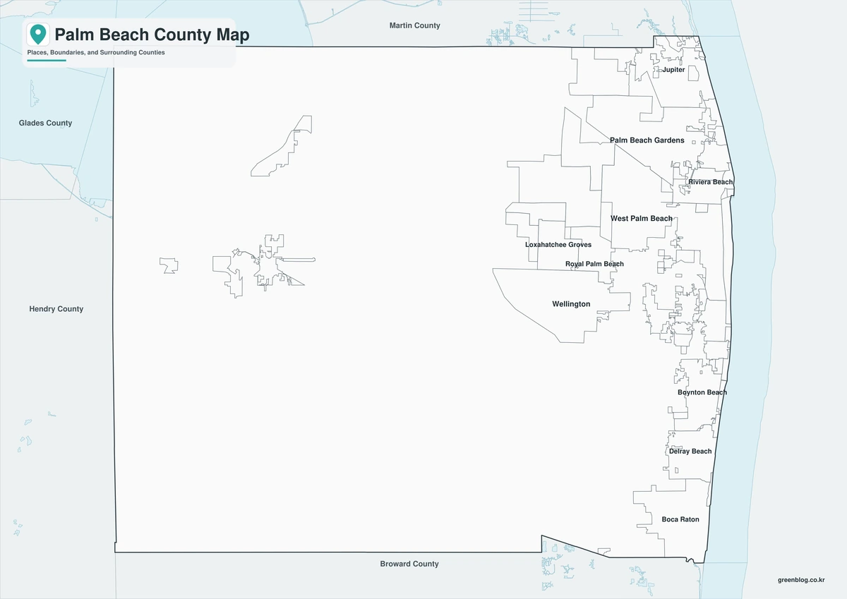 Black-and-white Palm Beach County map with selected place labels